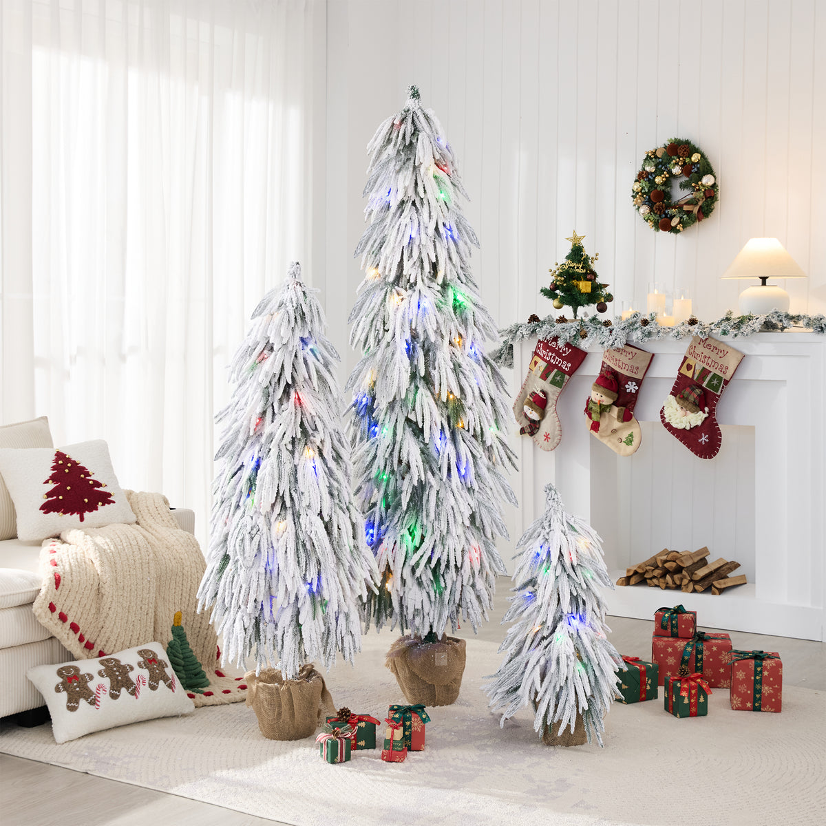 Pre-Lit Flocked Christmas Tree Set of 3