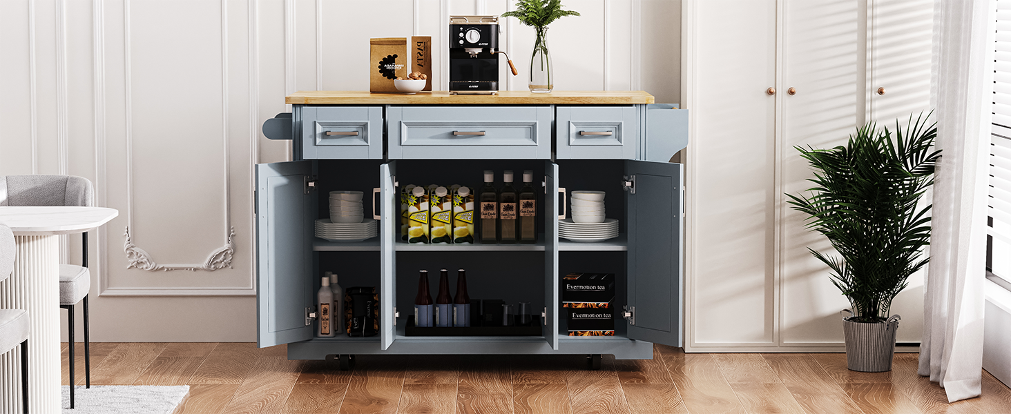 K&K 54-Inch Large Kitchen Island with Rubber Wood Drop Leaf