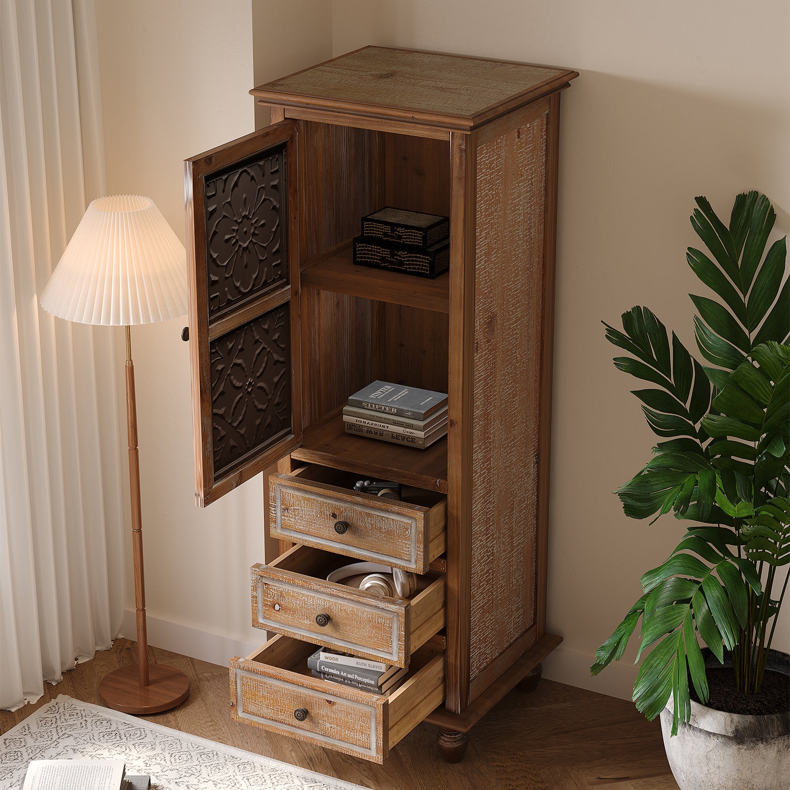 Rustic Wooden Storage Cabinet with Decorative Cutout Door & 3 Drawers
