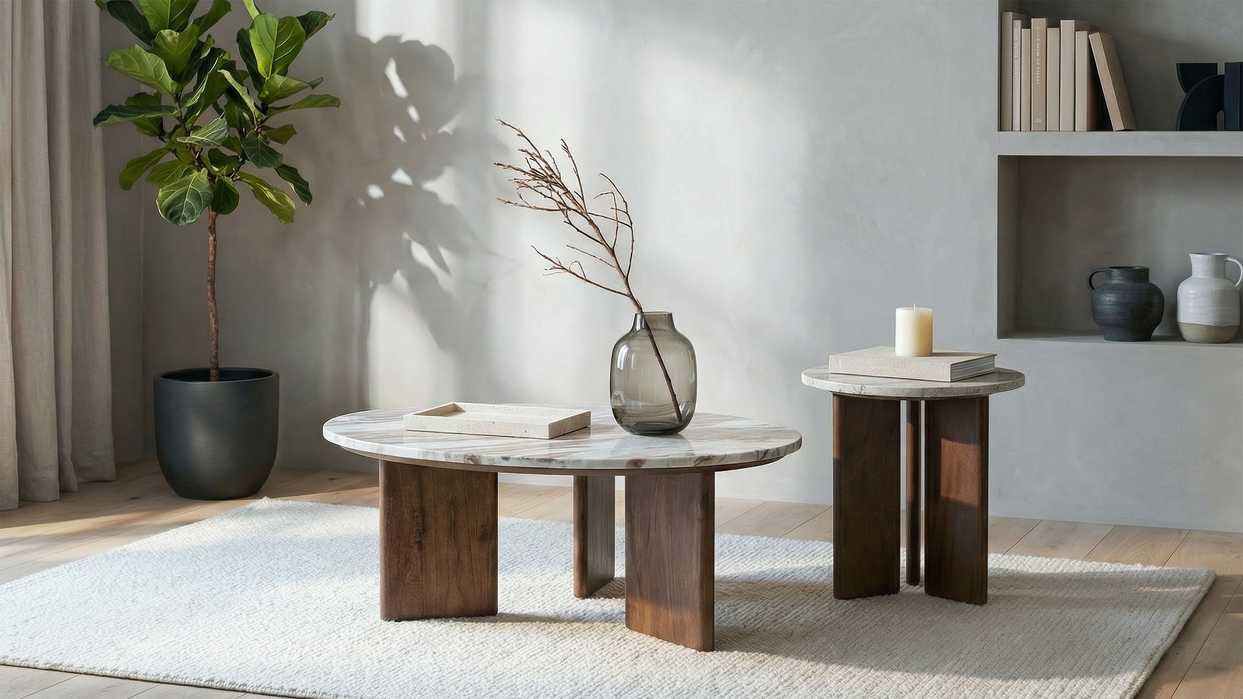 Jenna Round Marble Top Mango Wood Side End Table Brown-