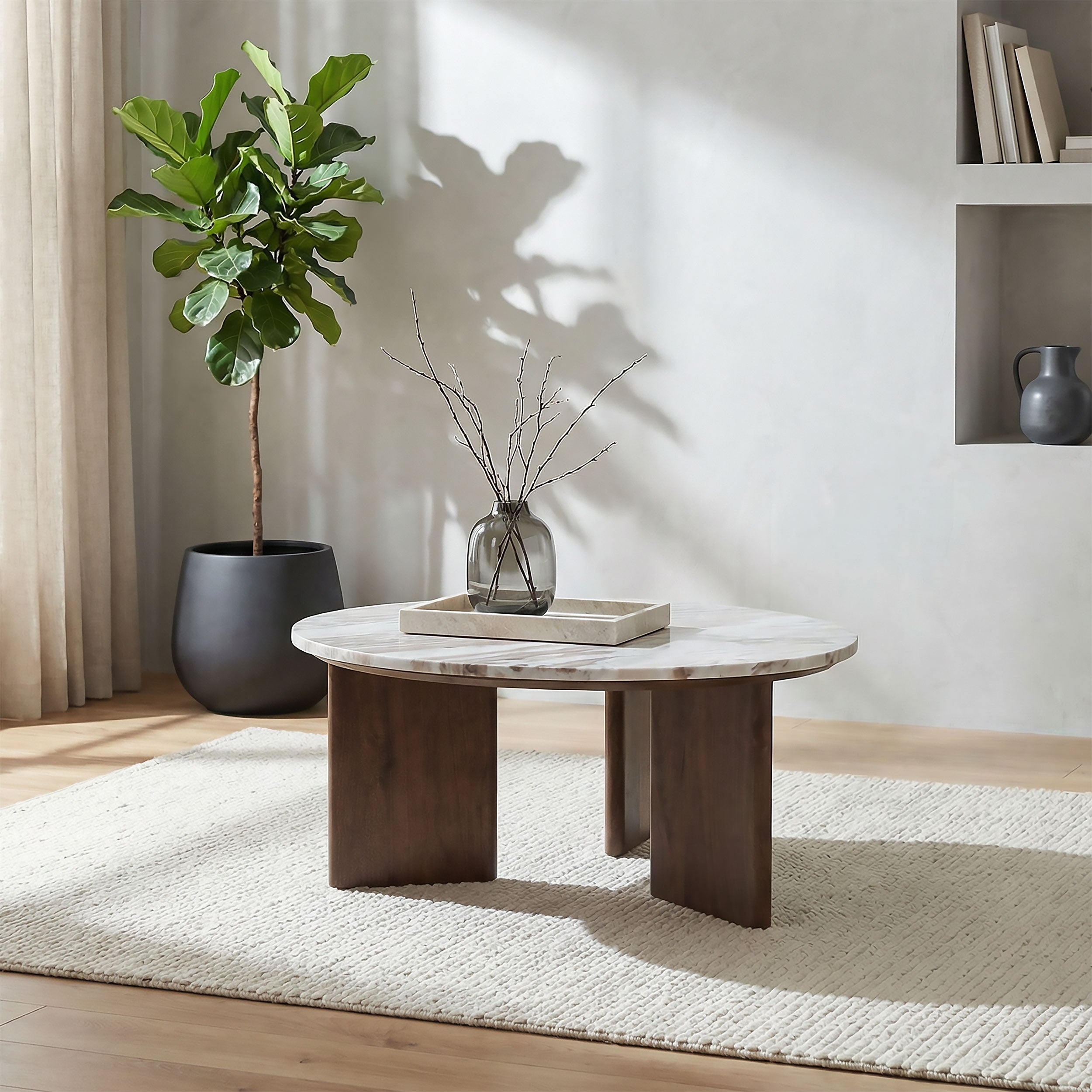 Jenna 35-inch Round Marble Top Cocktail Coffee Table Brown-