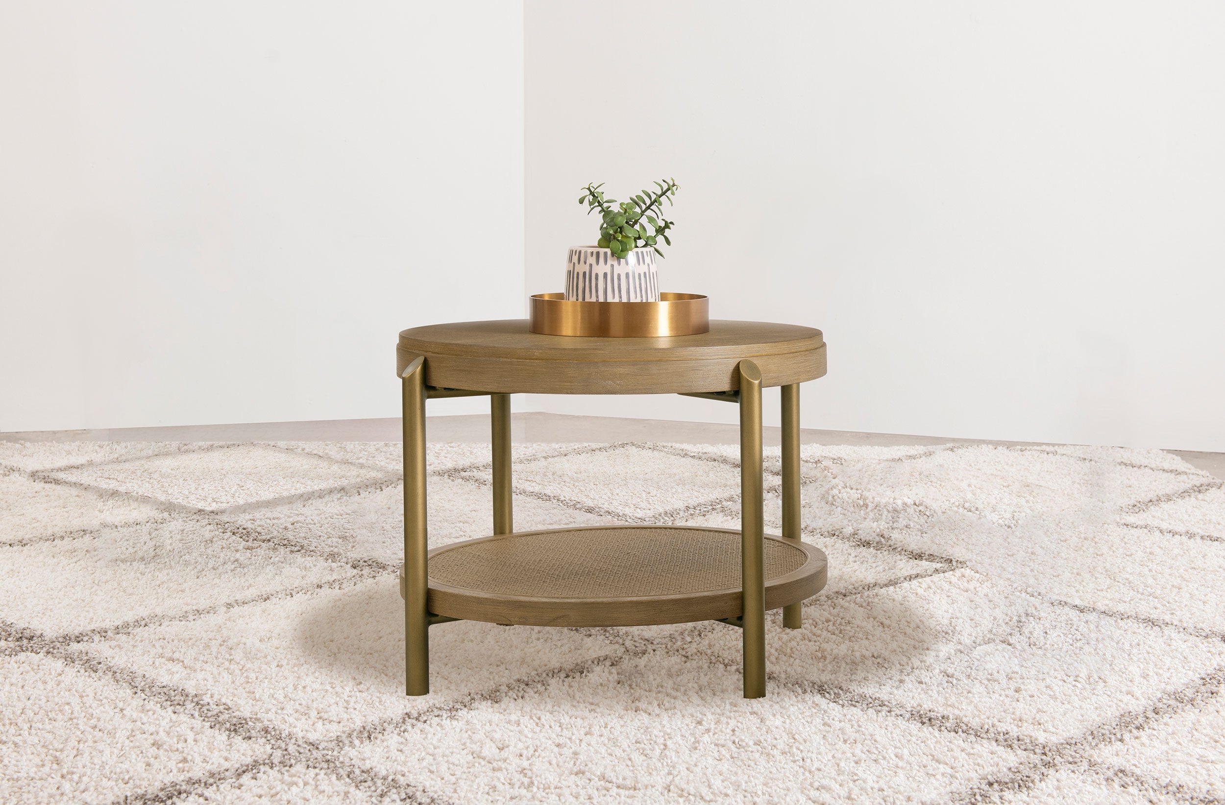 Arini Round End Side Table With Storage Shelf Sand Wash-