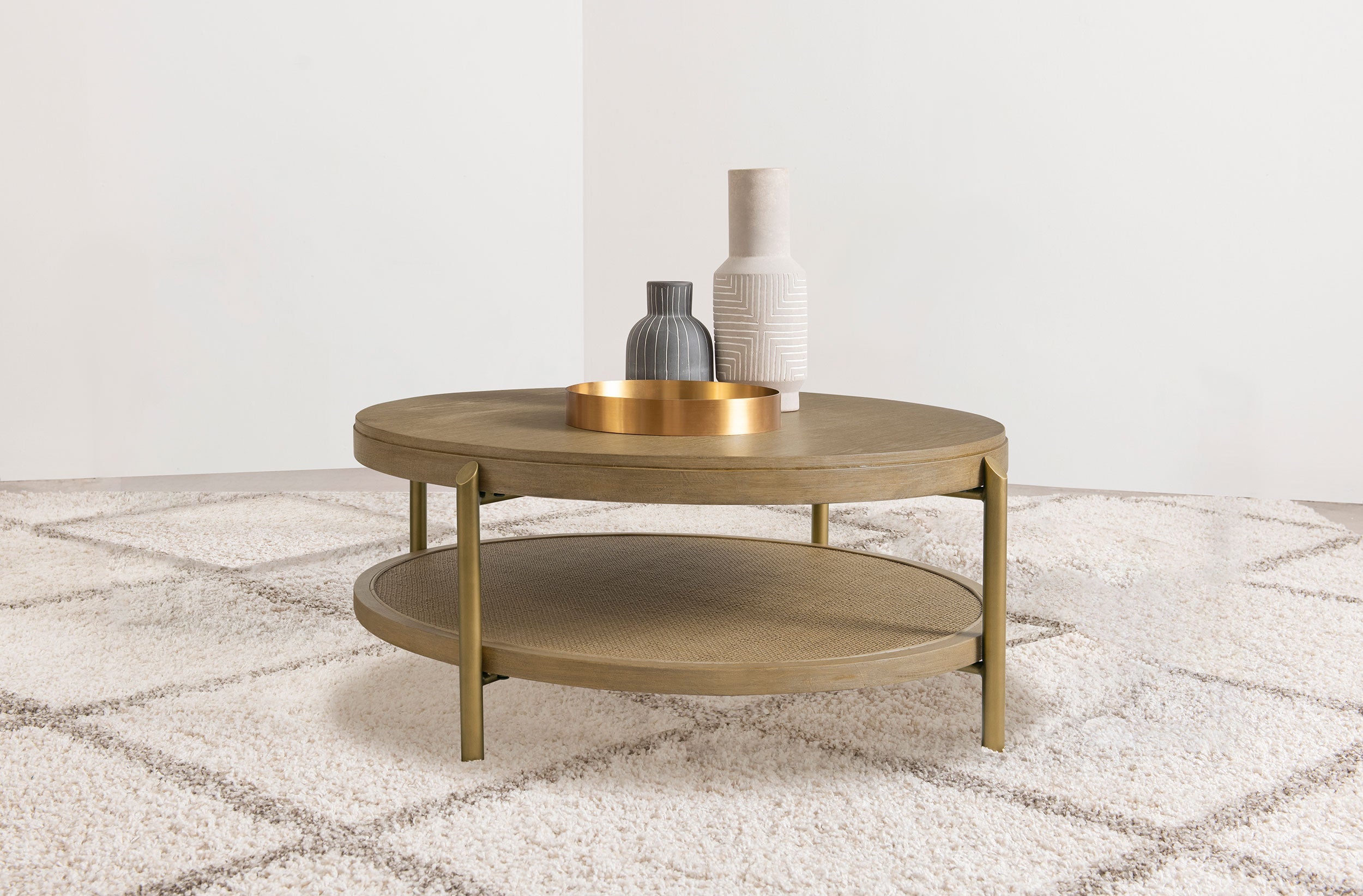 Arini Round Coffee Table With Storage Shelf Sand Wash-