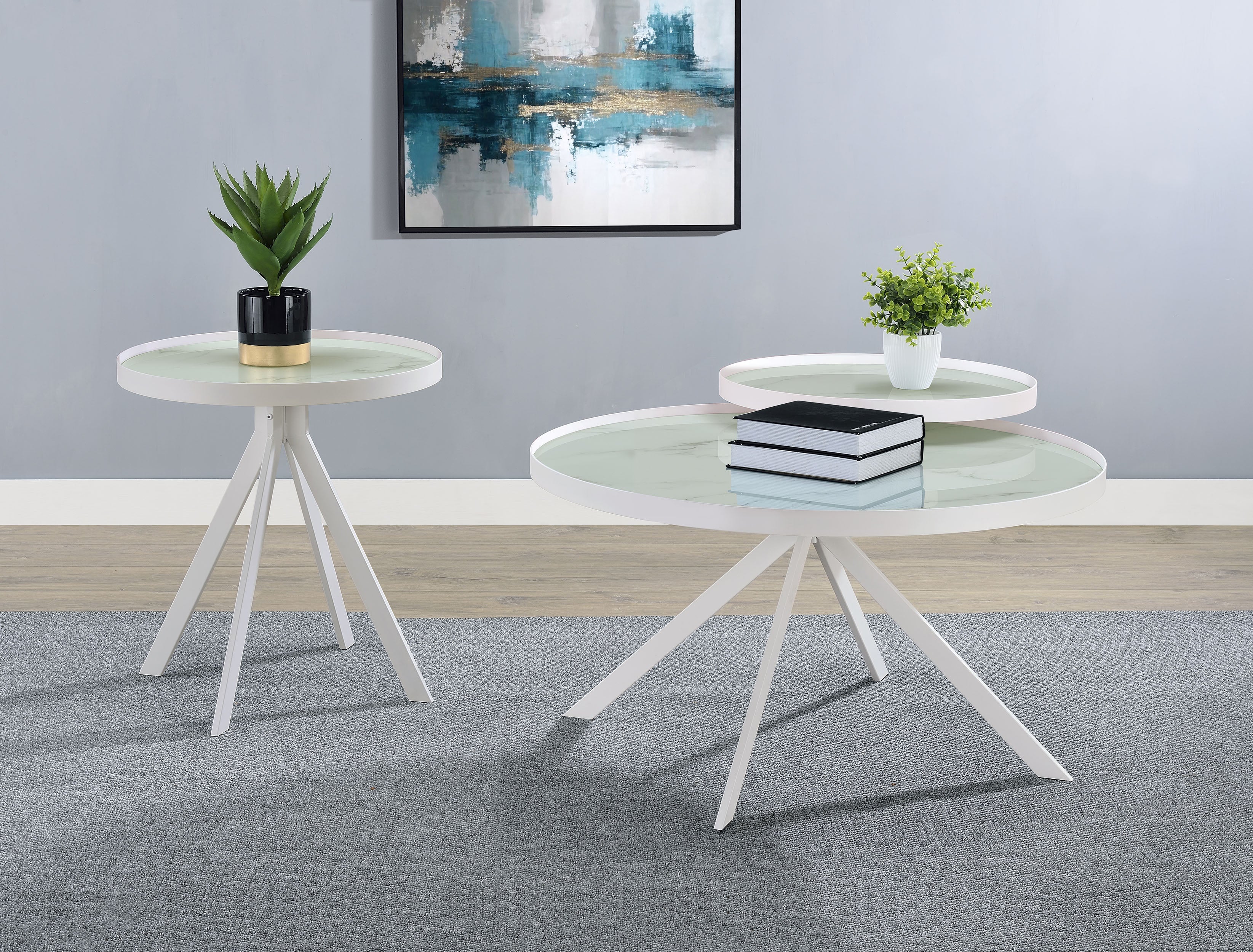 Briggs Round Marble Printed Glass Top Coffee Table White-