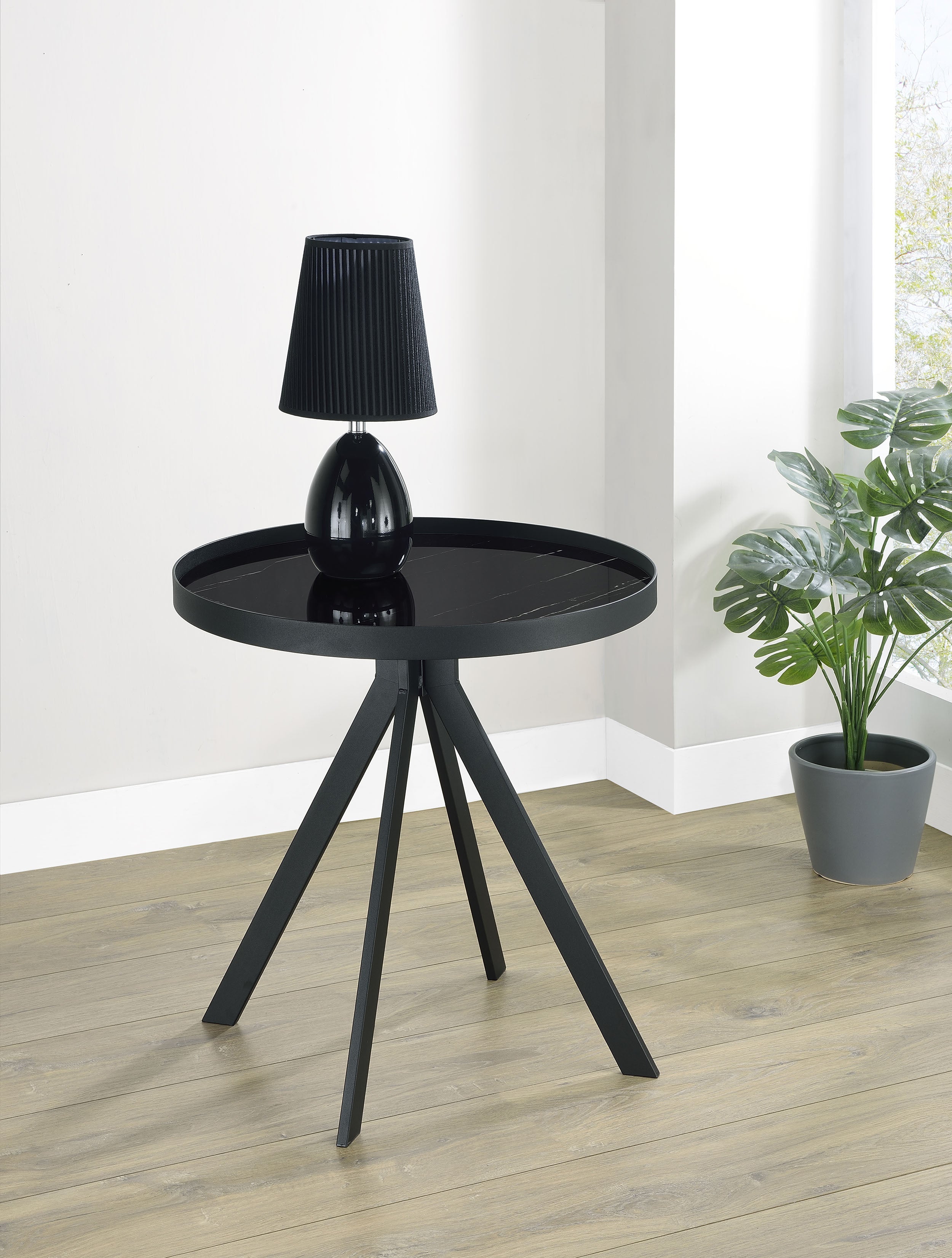 Briggs Round Marble Printed Glass Top End Table Black-