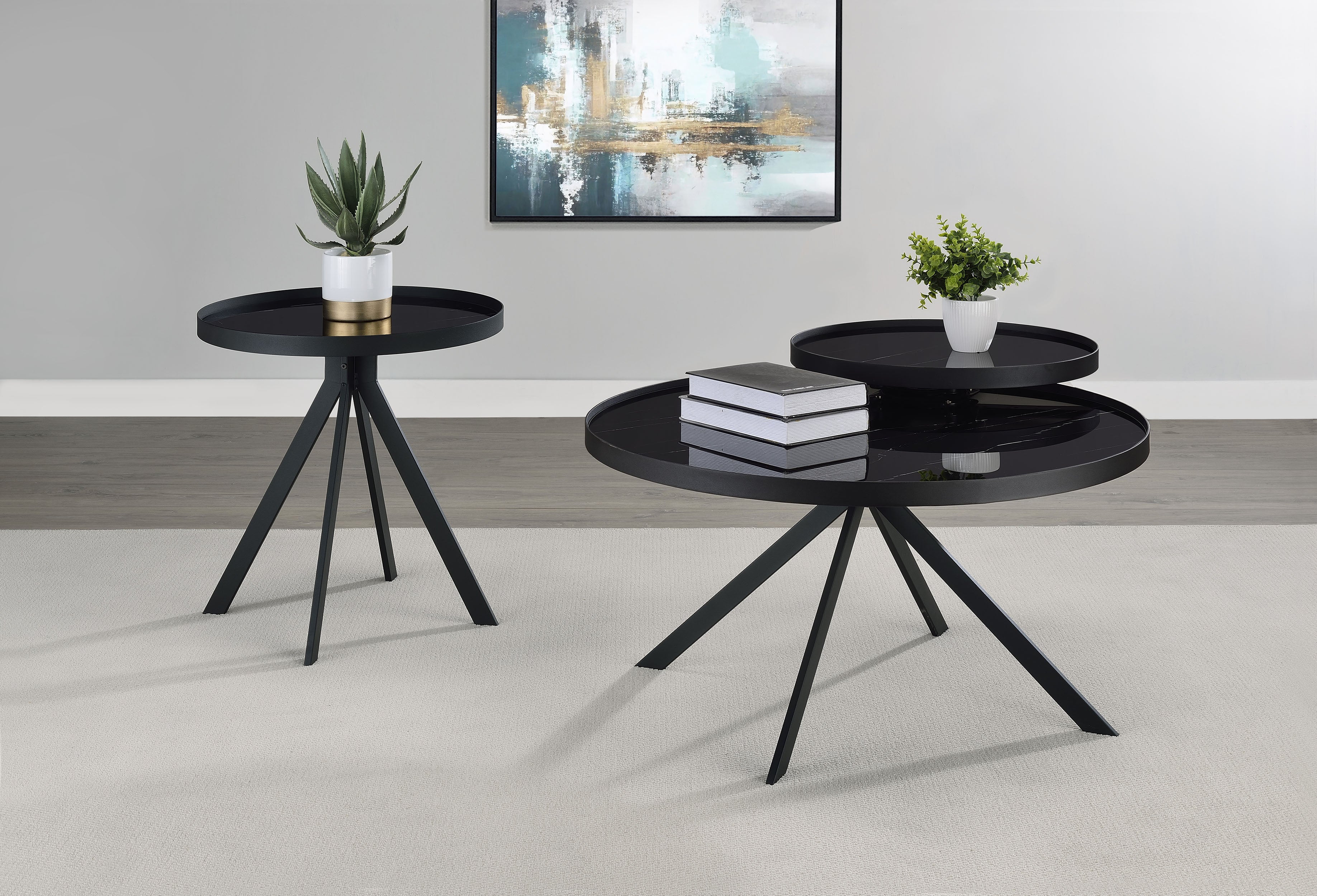 Briggs Round Marble Printed Glass Top End Table Black-