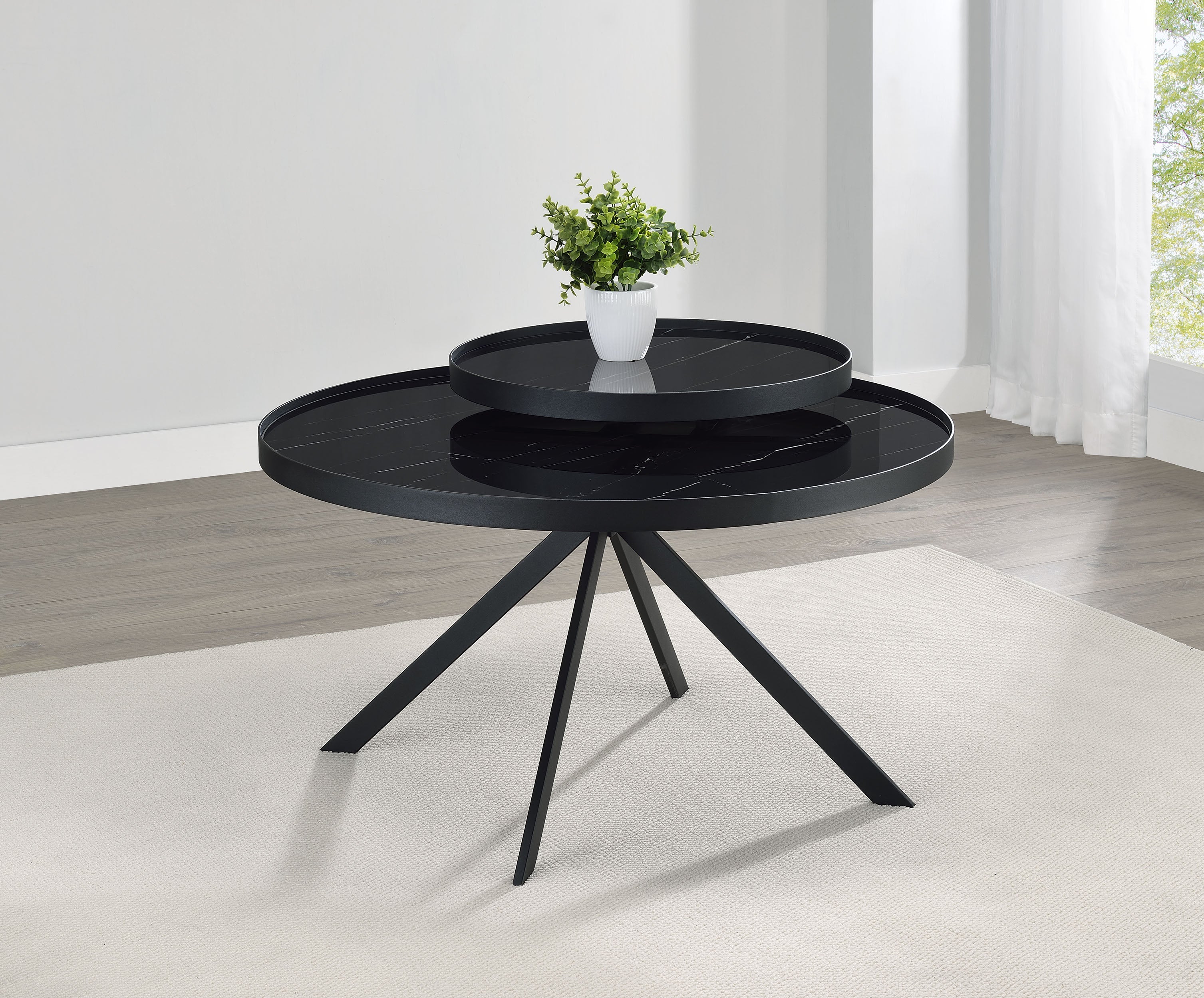 Briggs Round Marble Printed Glass Top Coffee Table Black-