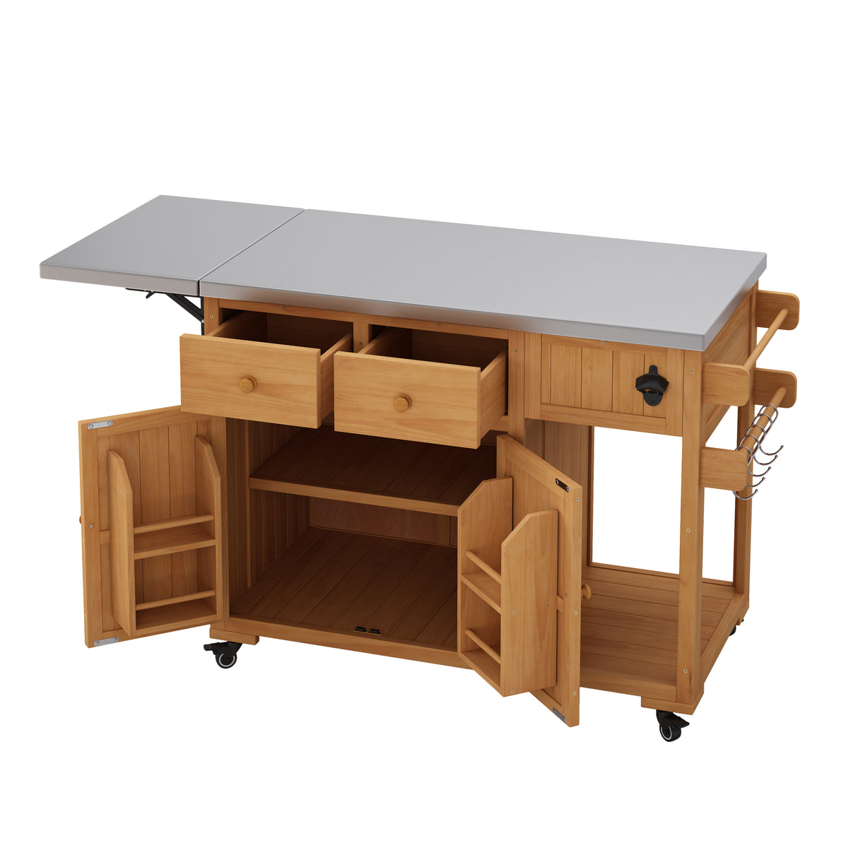 TOPMAX 59.9-Inch Outdoor Kitchen Cart, Solid Fir Wood with Extendable Stainless Steel Top, Natural