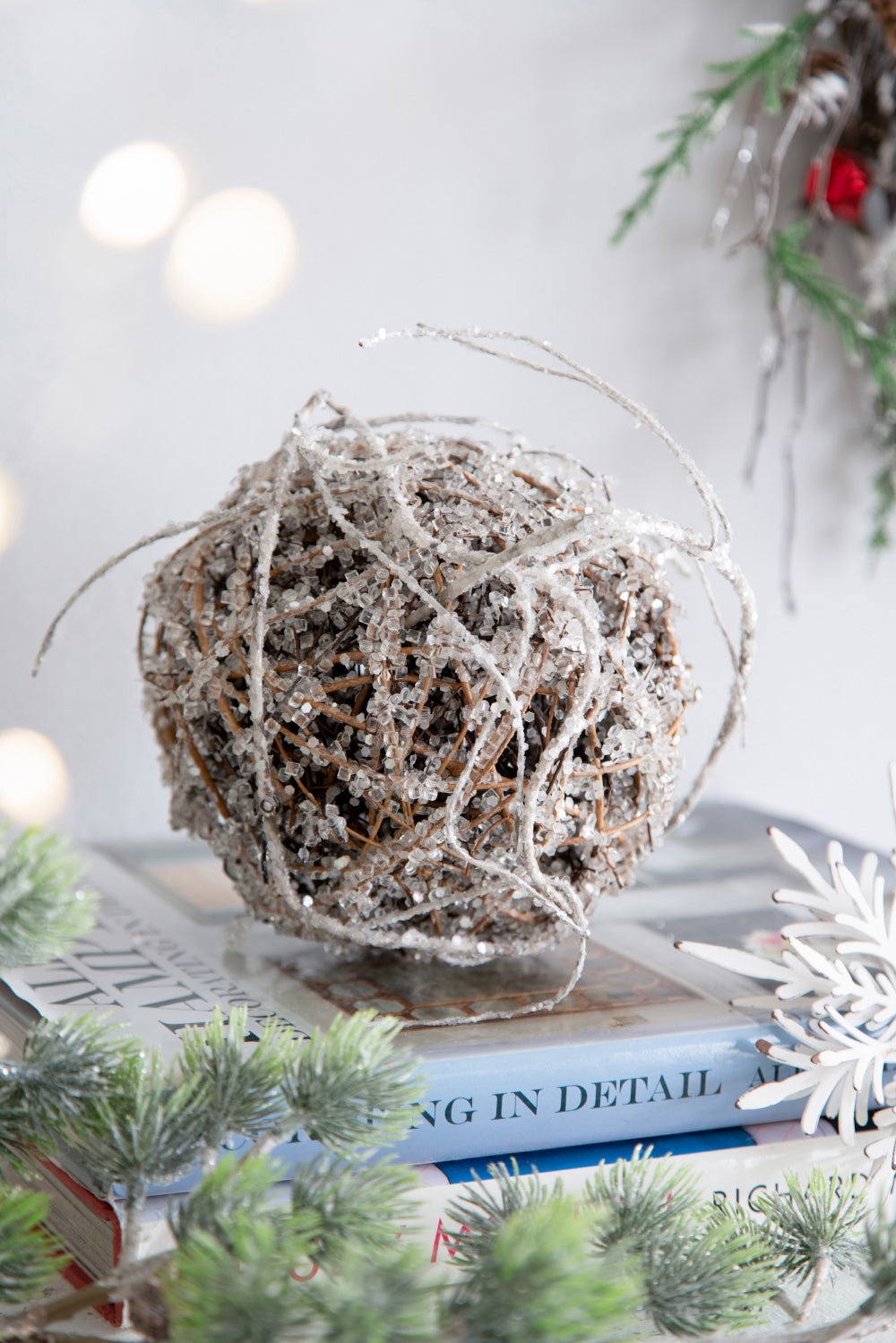 D6" Iced Twig Ball Christmas Tree Ornaments, Set of 4