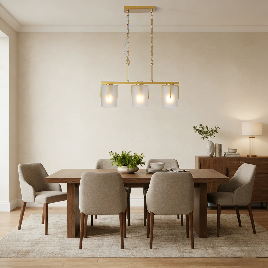 Modern Gold 3-Light Linear Chandelier with Frosted Glass Shades