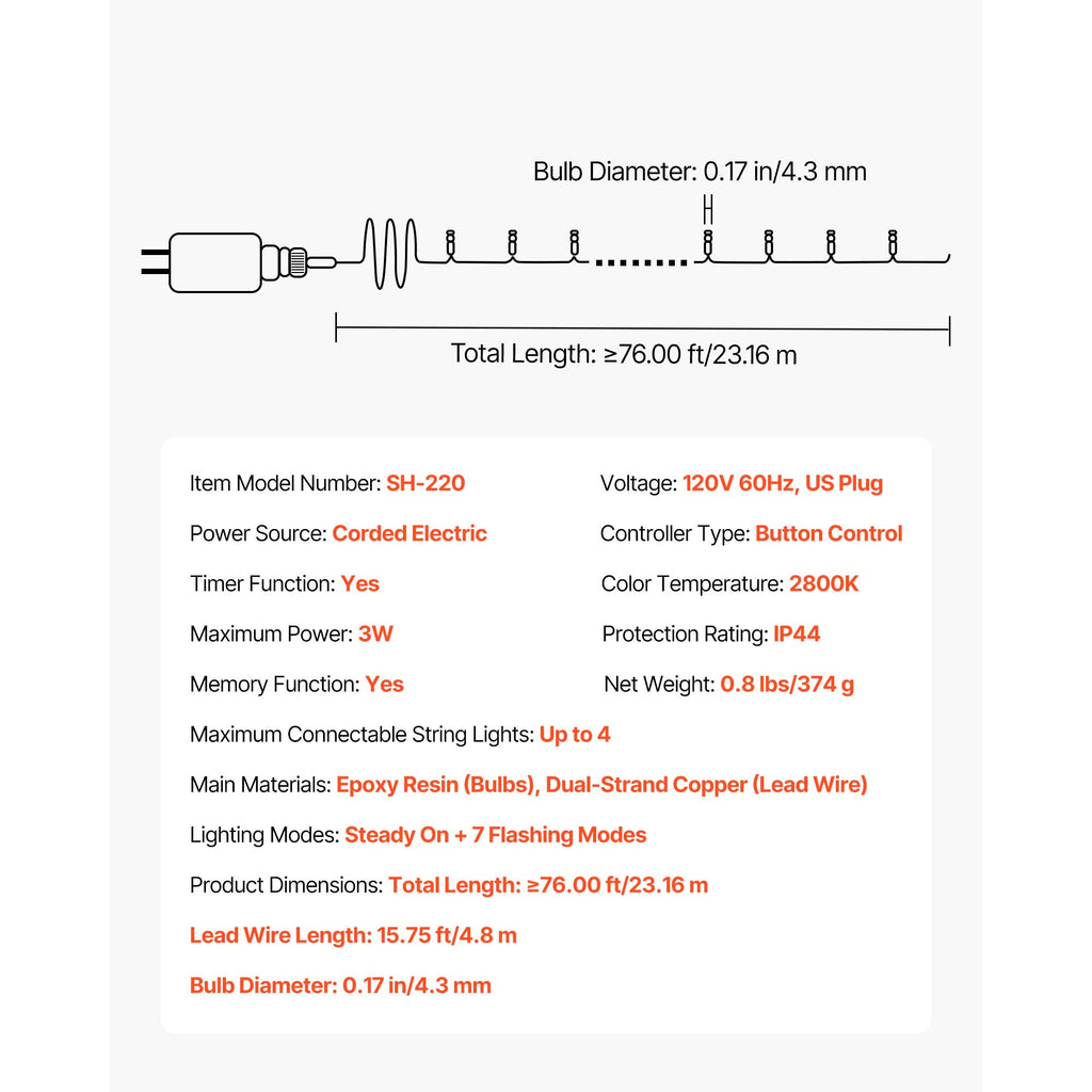 LED Christmas String Lights - 200 LED, 76 ft Connectable Warm