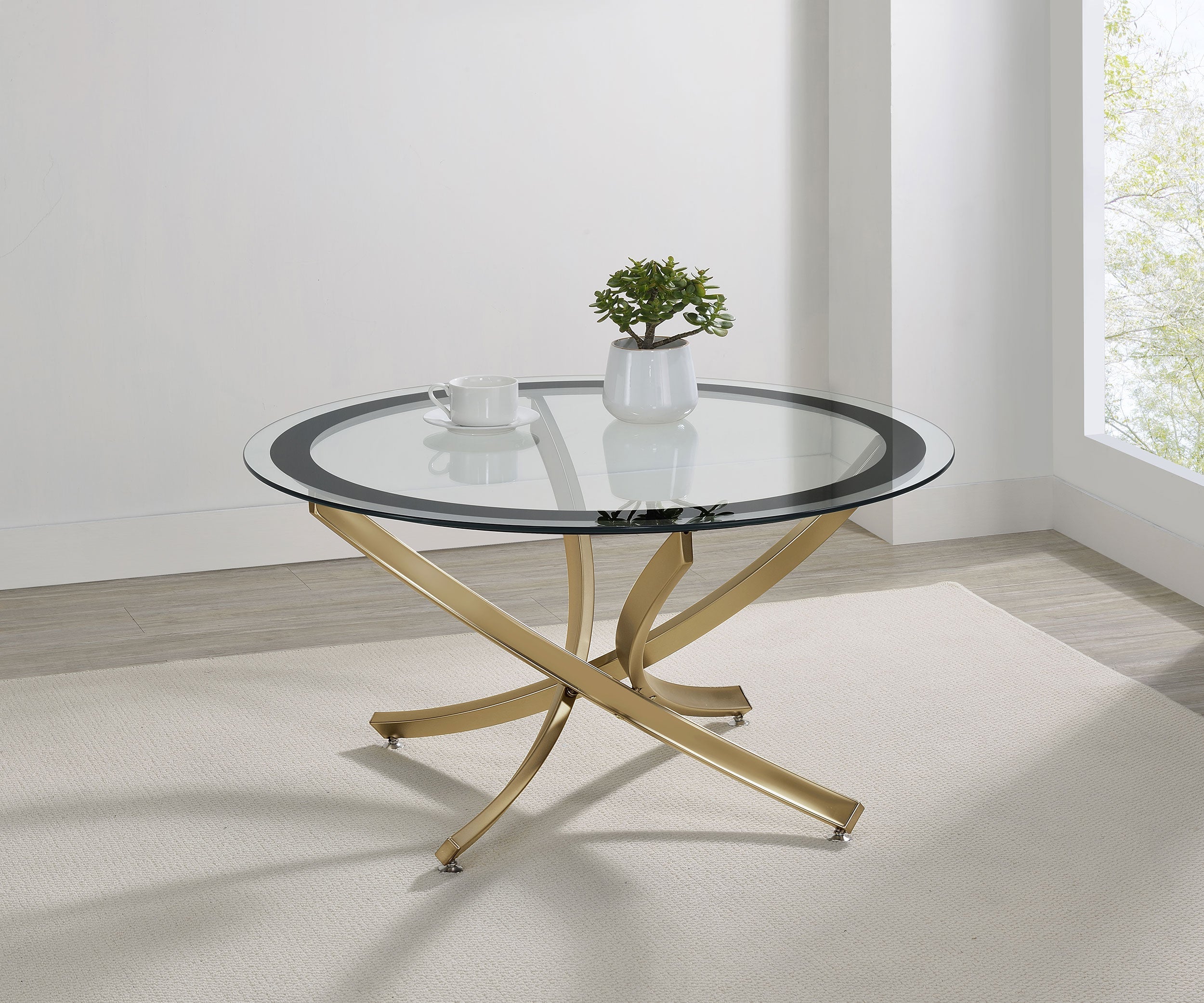 Brooke Round Glass Top Coffee Table Metal Base Brass-