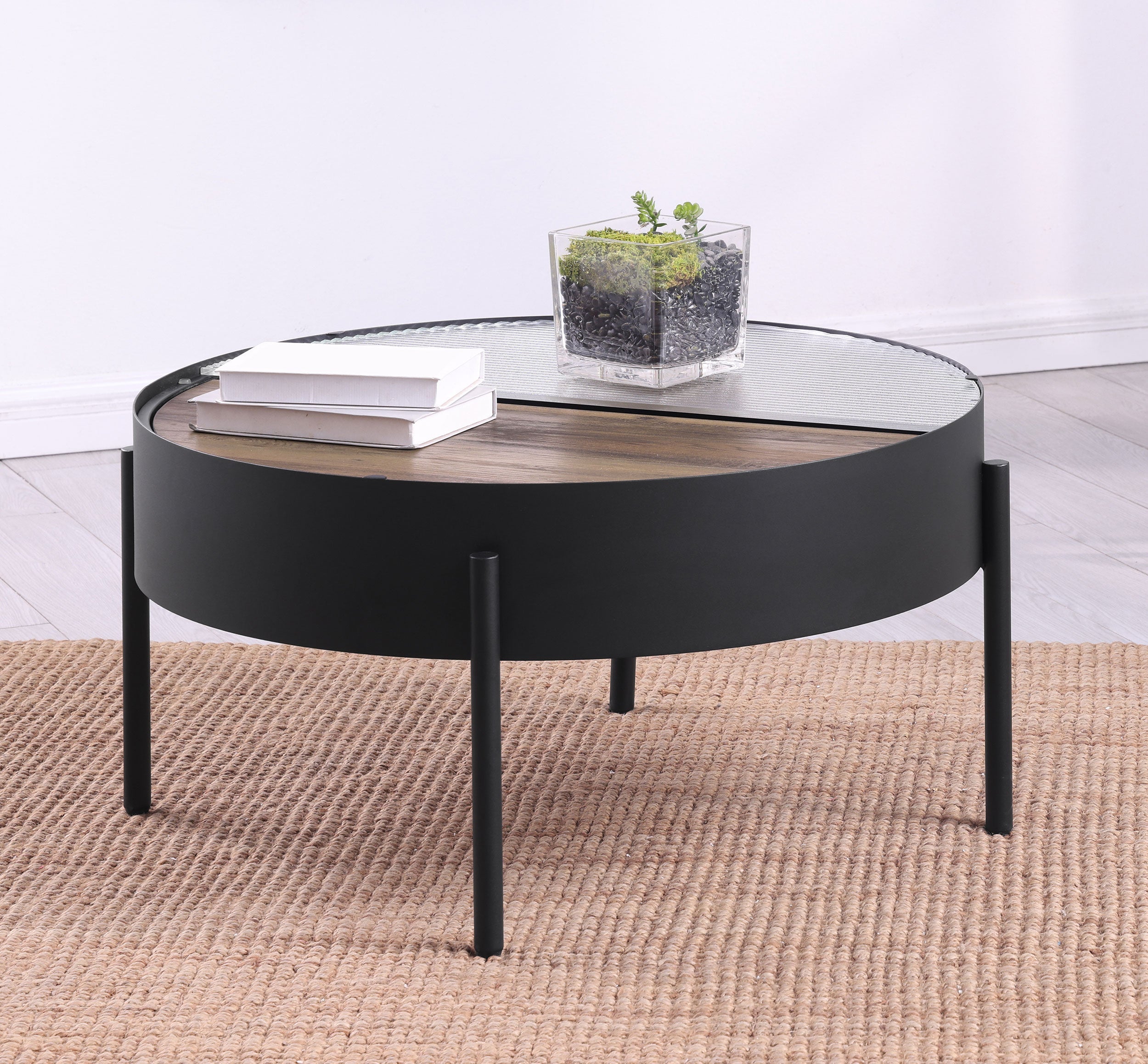 Ozella Round Coffee Table with Hidden Storage Sandy Black-