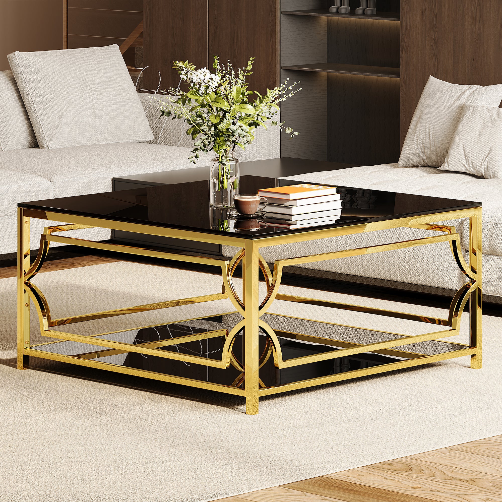 Square Glass Coffee Table in 33.5" with Luxurious Geometric Metal Frame