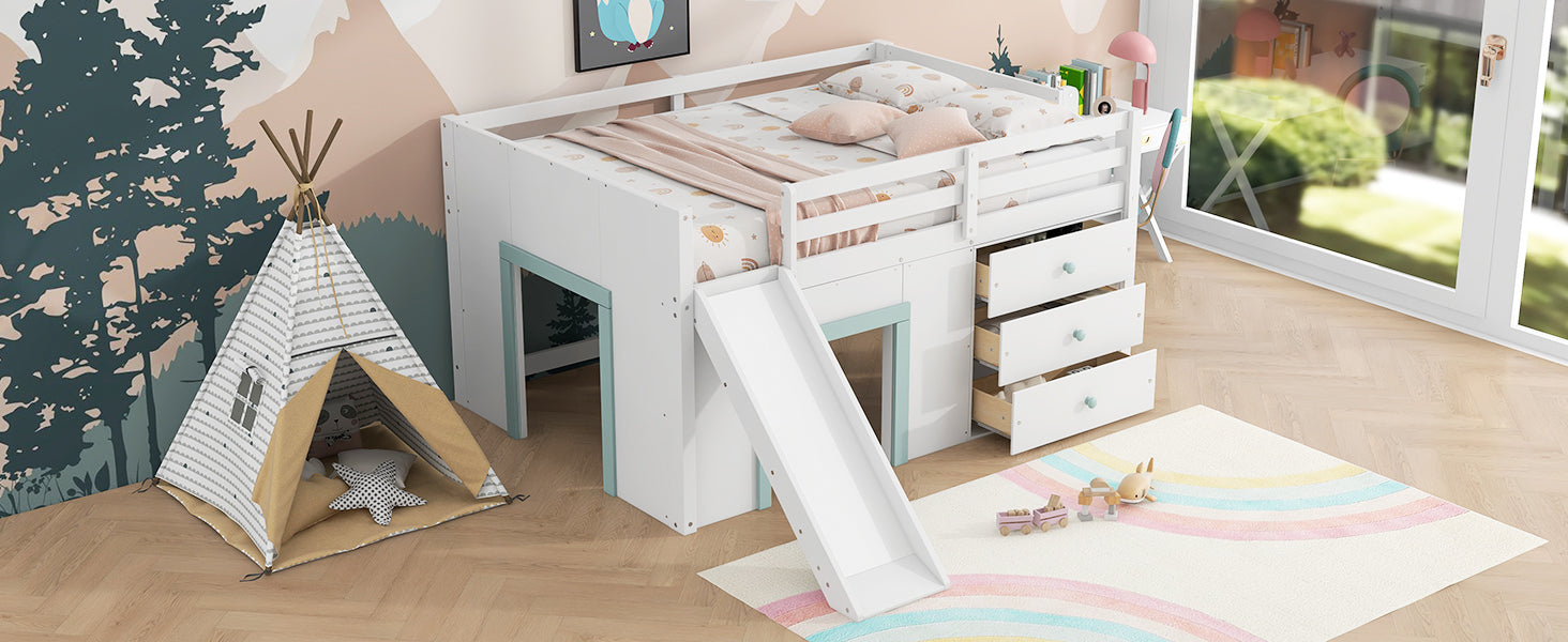 Full Size Low Loft Bed with Slide and Storage Drawers