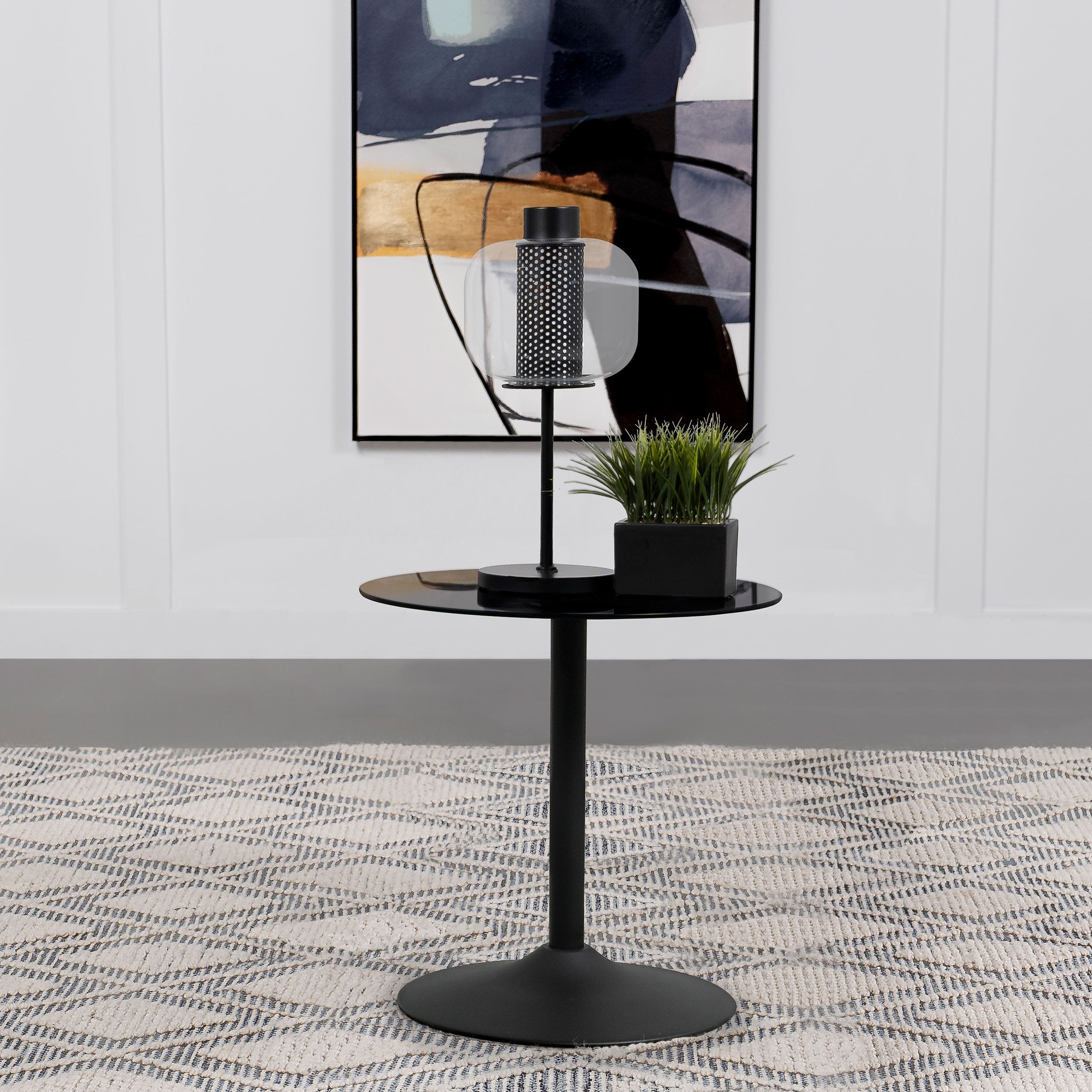 Ganso Round Metal End Table With Tempered Glass Top Black-