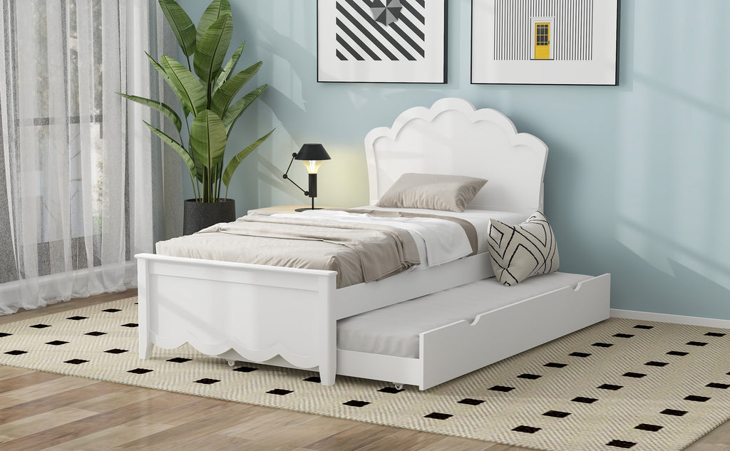Twin Size Wood Platform Bed with Headboard and Twin Size Trundle