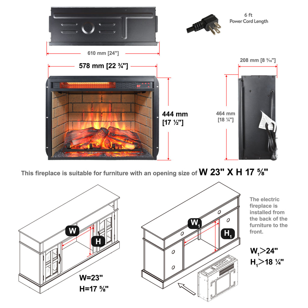 23 Inch Infrared Quartz Heater Fireplace Insert - Woodlog Version