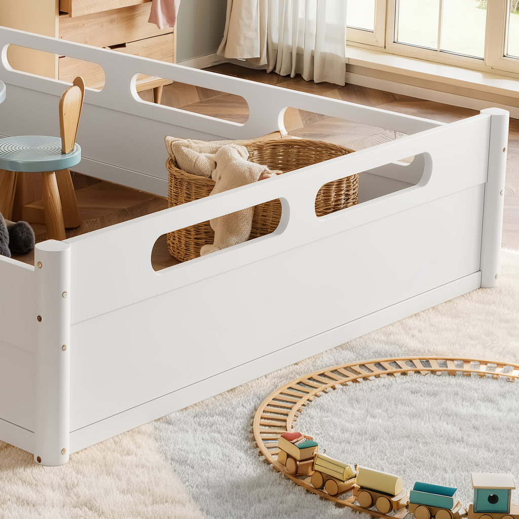 Queen Size Floor Platform Bed with Full-length Guardrails