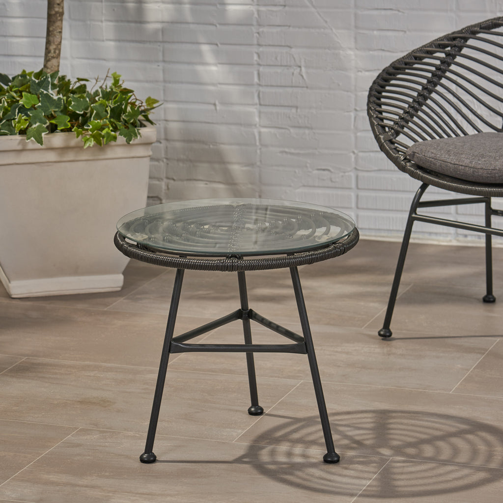 Orlando Outdoor Glass Top Faux Rattan Side Table