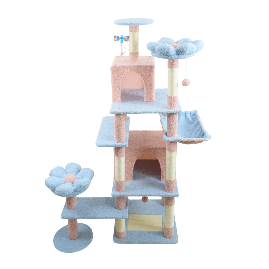 71-Inch Flower Cat Tree with Large Condo, Removable Cushion, and Hammock, Blue