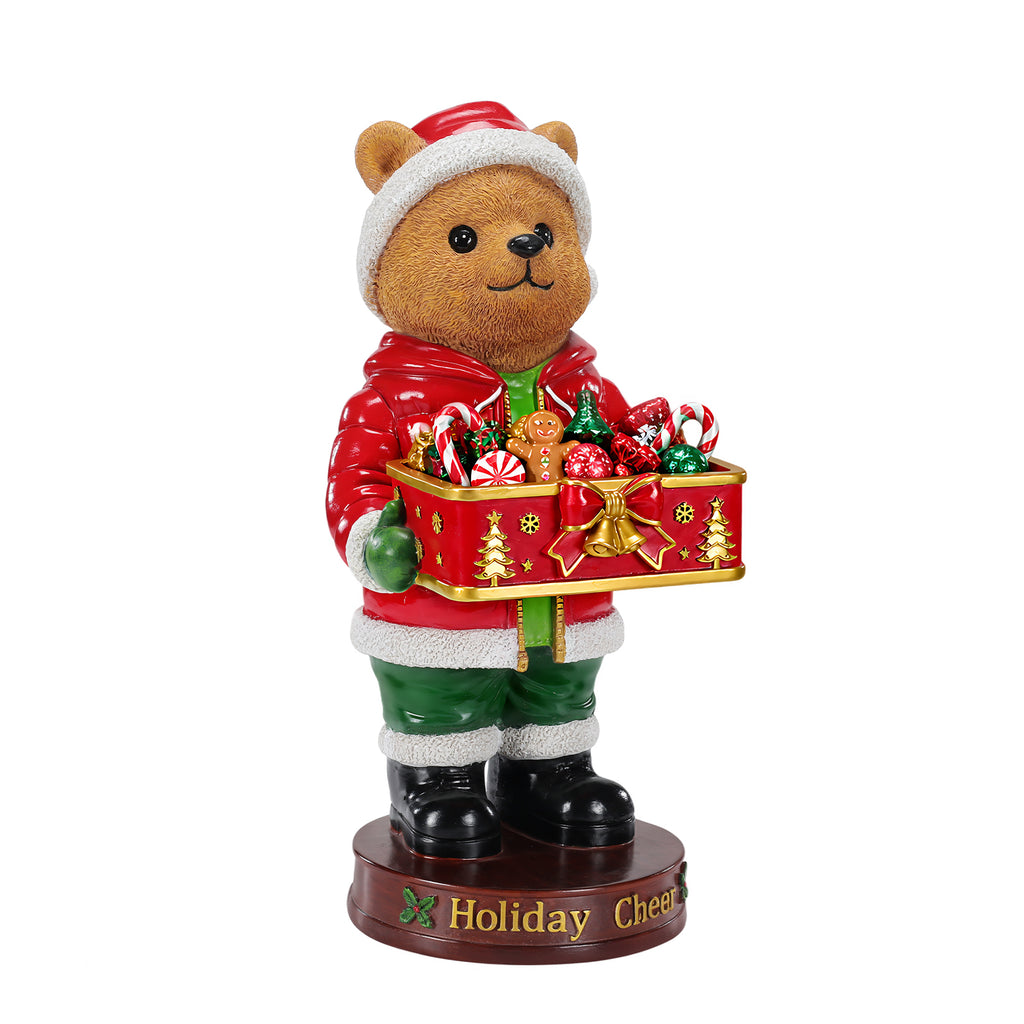 Christmas Bear Statue with Storage Tray, Red Resin, 18.5 Inches