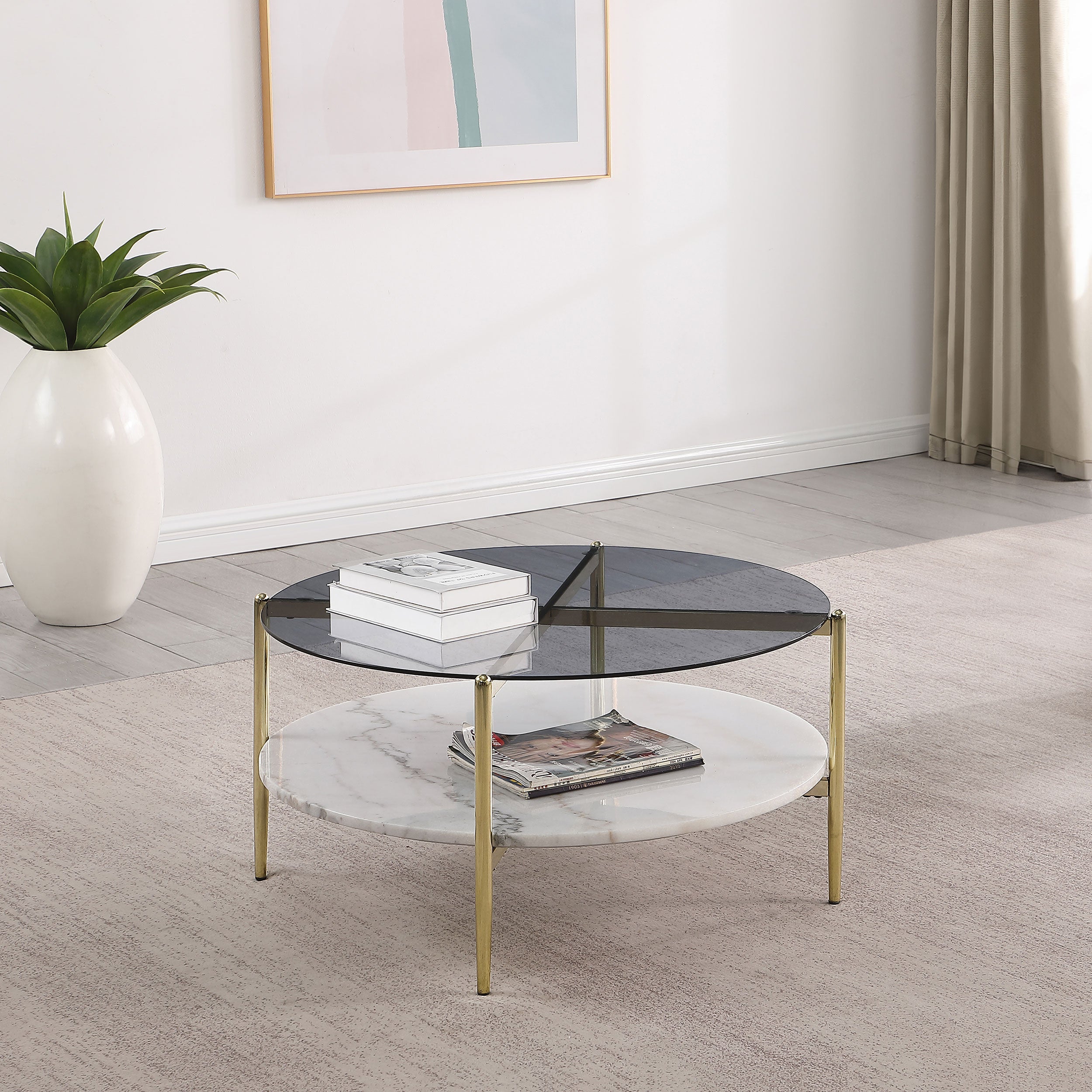 Jonelle Round Glass Top Coffee Table White Marble Shelf Gold-
