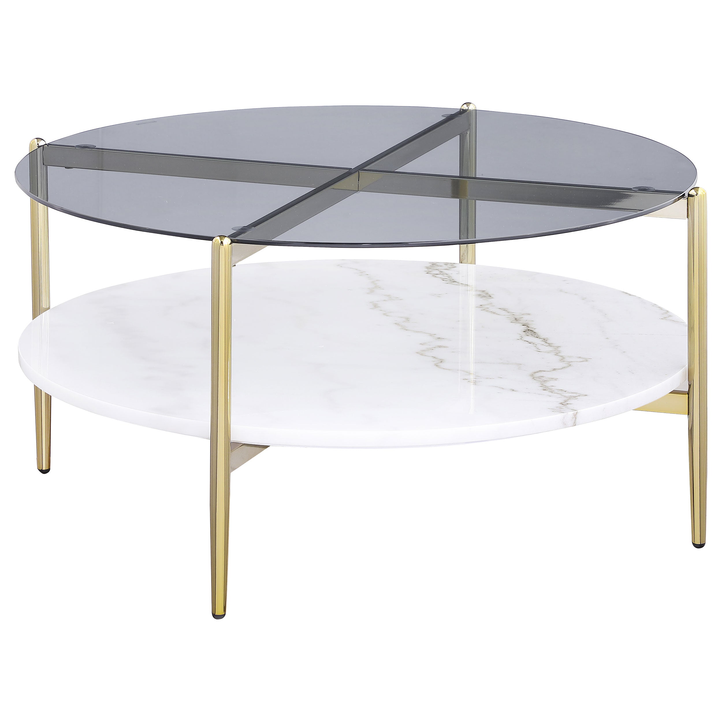 Jonelle Round Glass Top Coffee Table White Marble Shelf Gold-