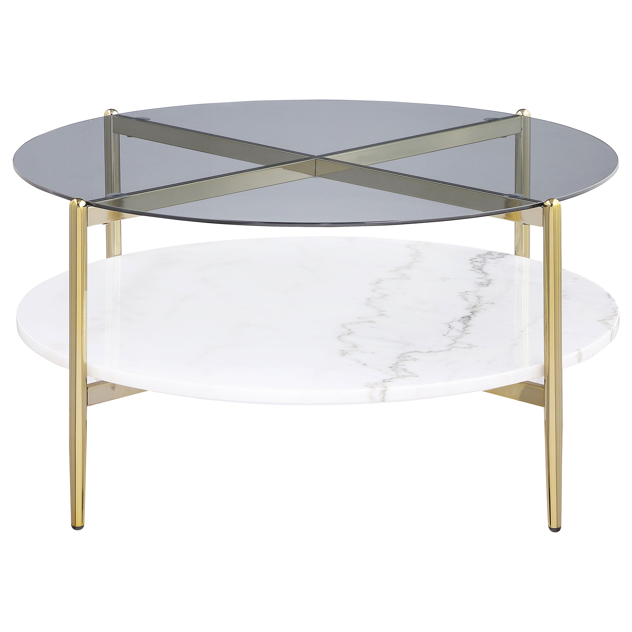 Jonelle Round Glass Top Coffee Table White Marble Shelf Gold-