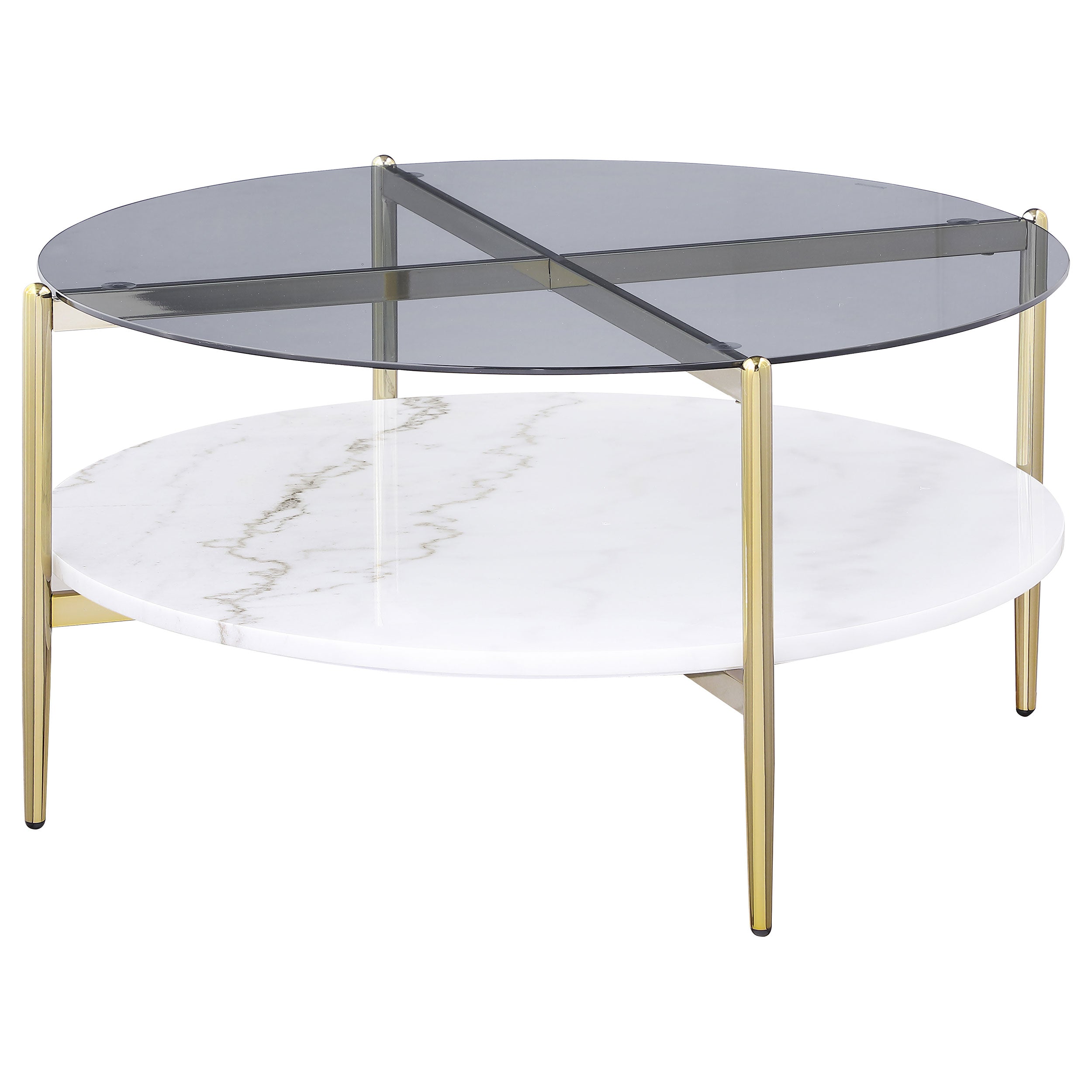 Jonelle Round Glass Top Coffee Table White Marble Shelf Gold-