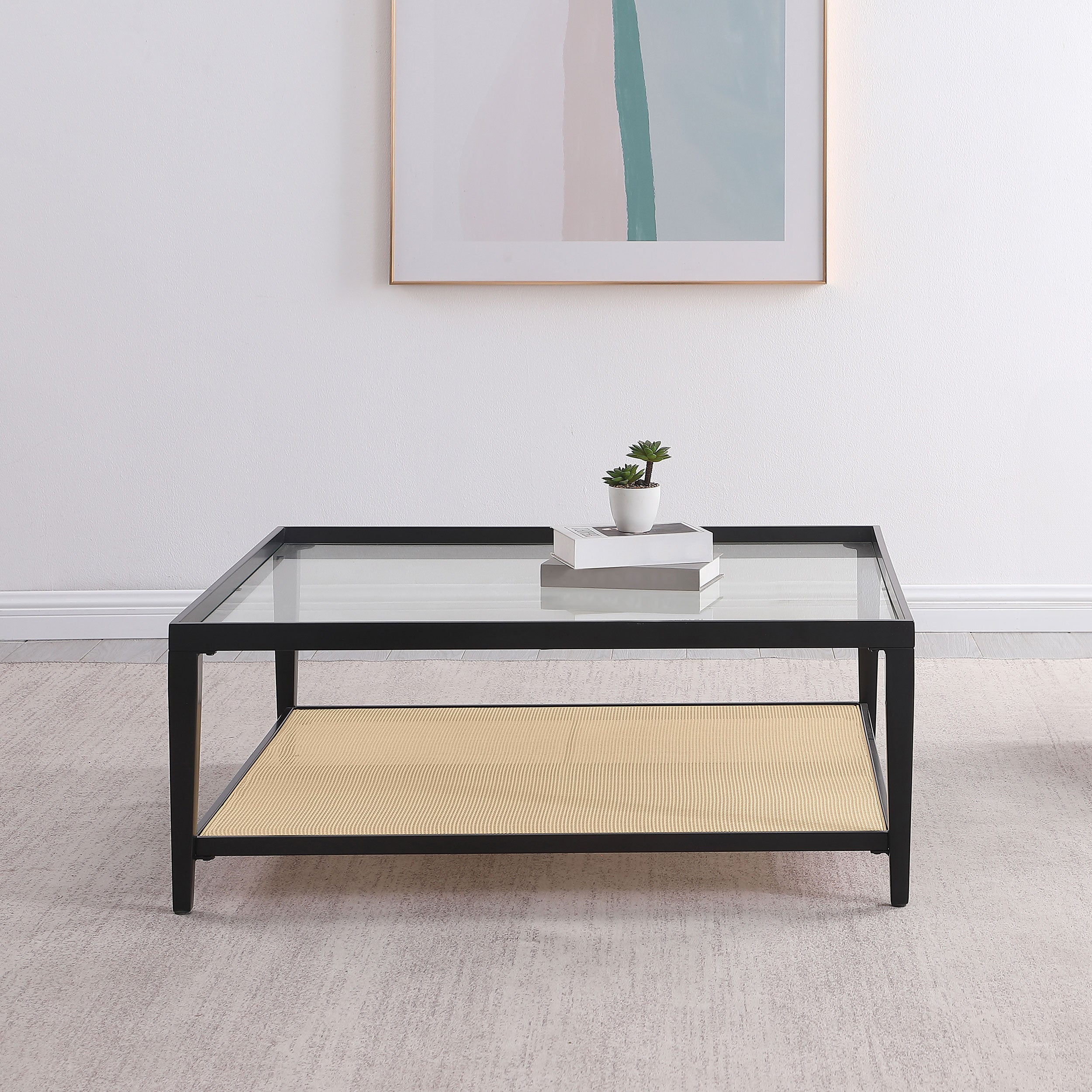 Amherst Glass Top Metal with Cane Shelf Coffee Table Black-
