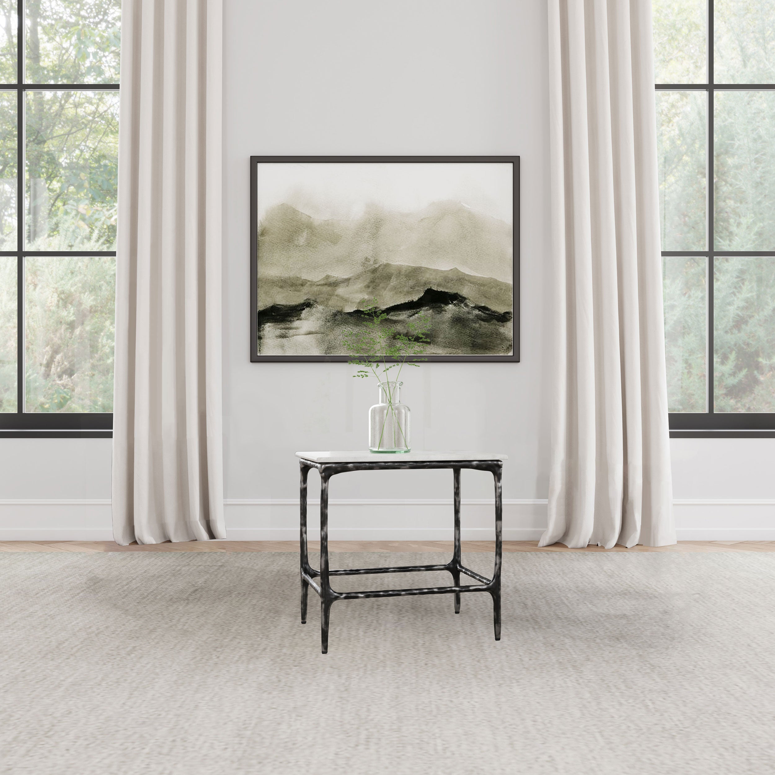 Ebby Square Genuine Marble Top Metal End Table White-