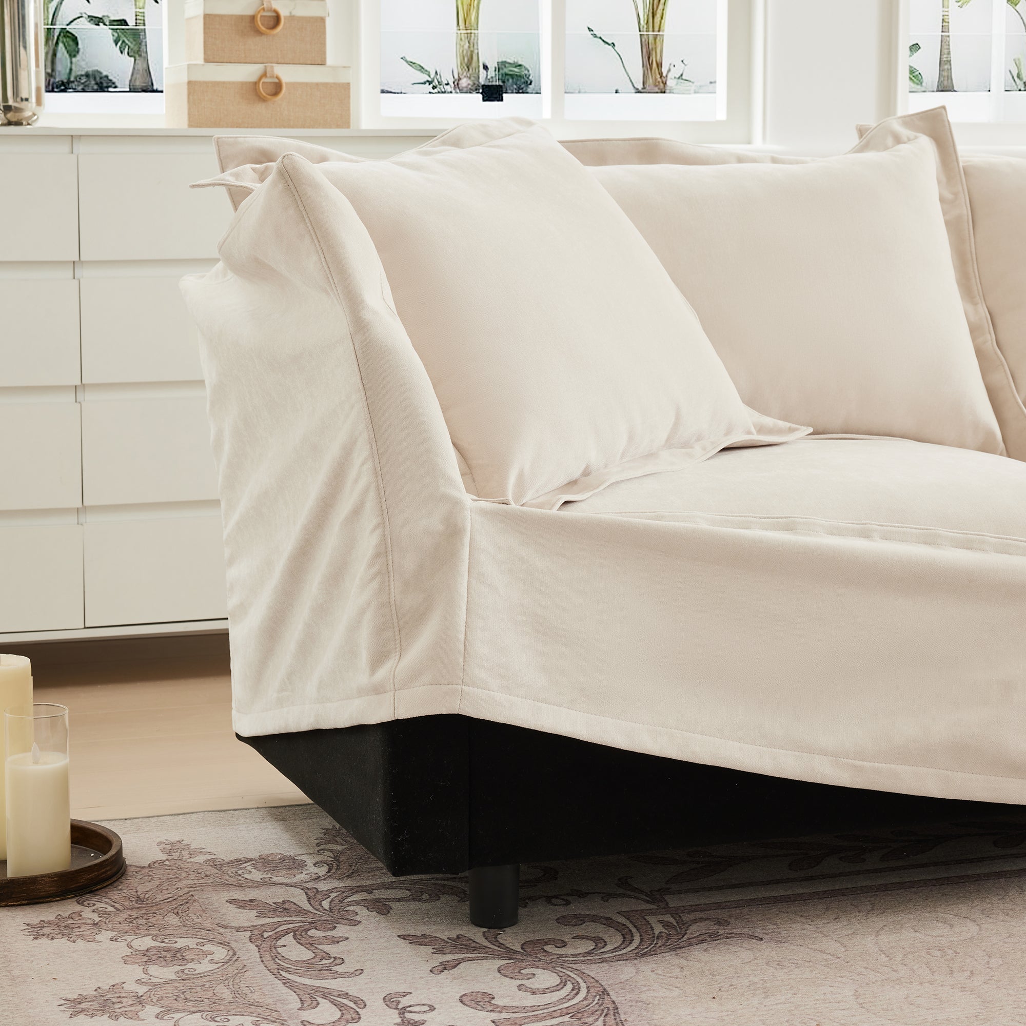 Chenille Slipcovered 2 Seater Sofa with 2 Ottomans