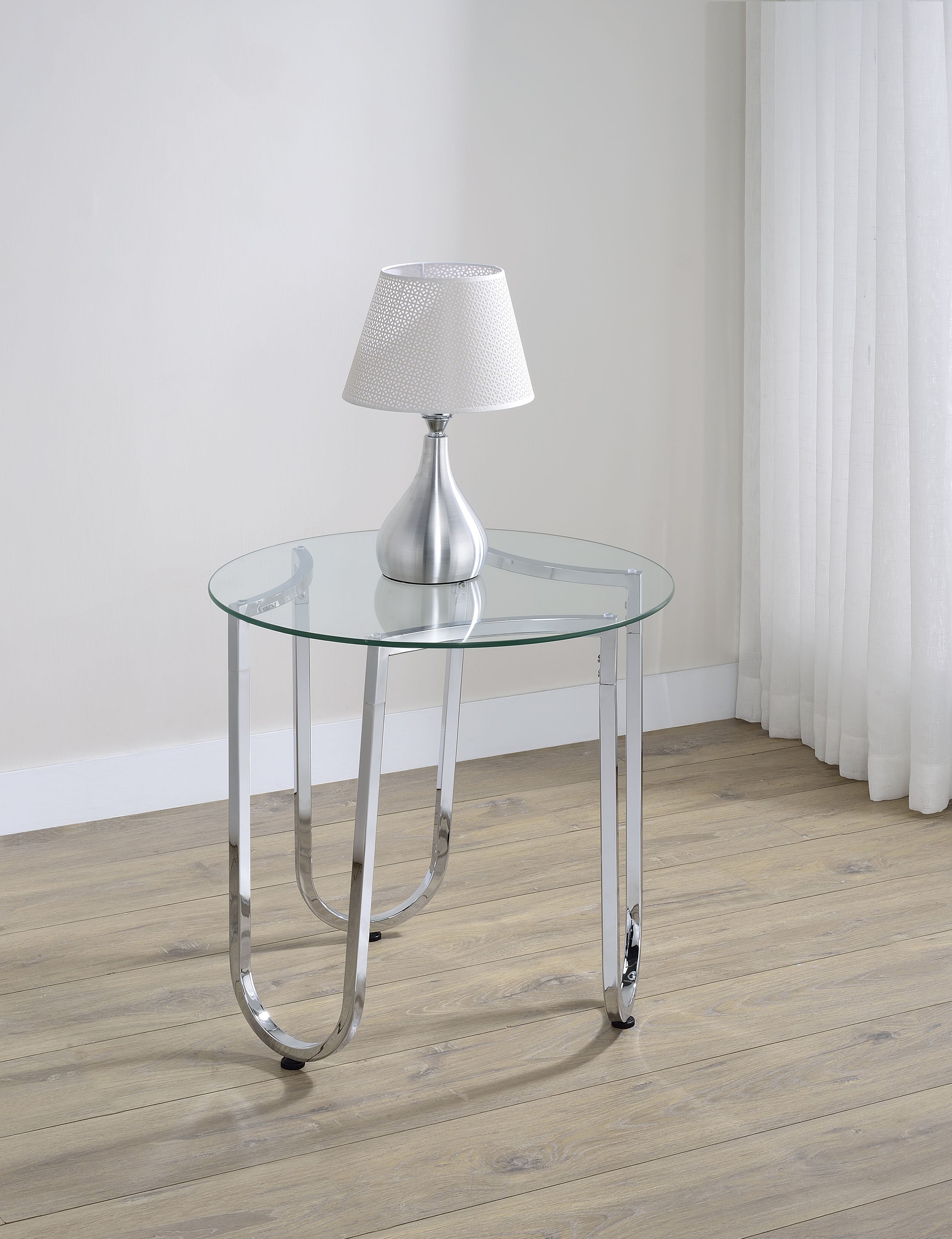 Beller Round Tempered Glass Top End Side Table Chrome-