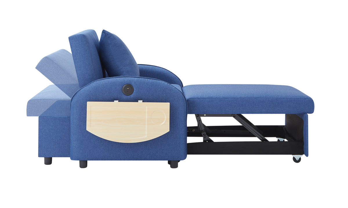 3-in-1 Convertible Sleeper Chair, Dark Blue Linen, Adjustable Backrest and Foldable Table