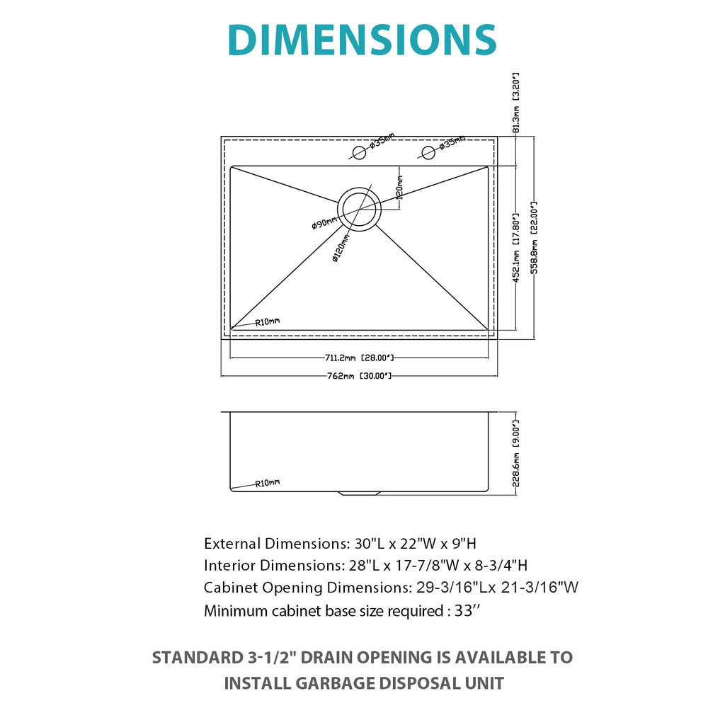 30" Single Bowl Topmount Kitchen Sink