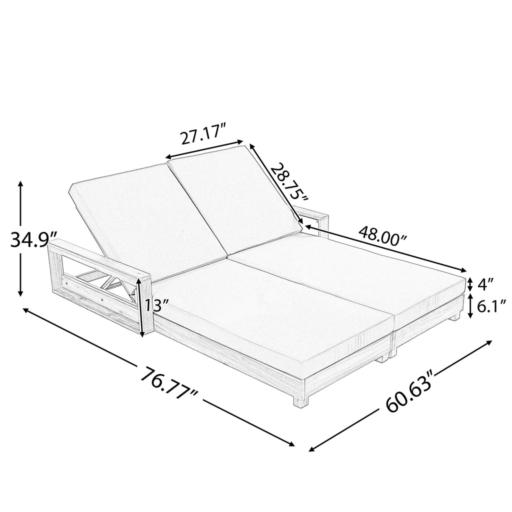 Double Acacia Wood Chaise Lounge Set, 1 Double Recliner with 2 Pieces 2-Fold