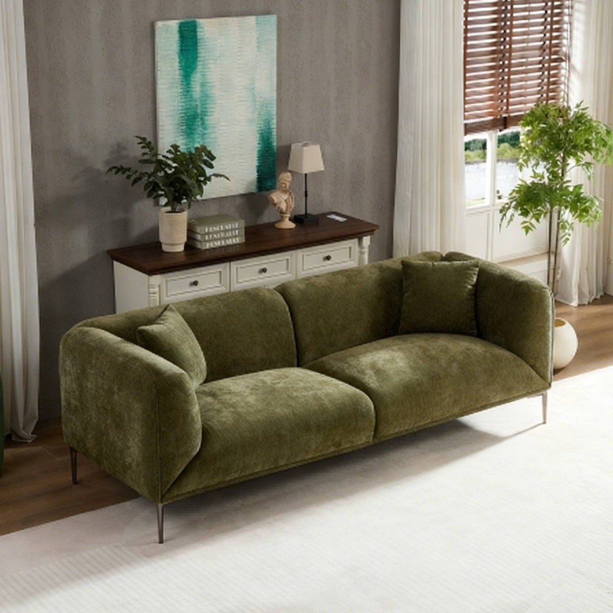 Modern Three-Seat Sofa, 82-Inch, Green Fabric