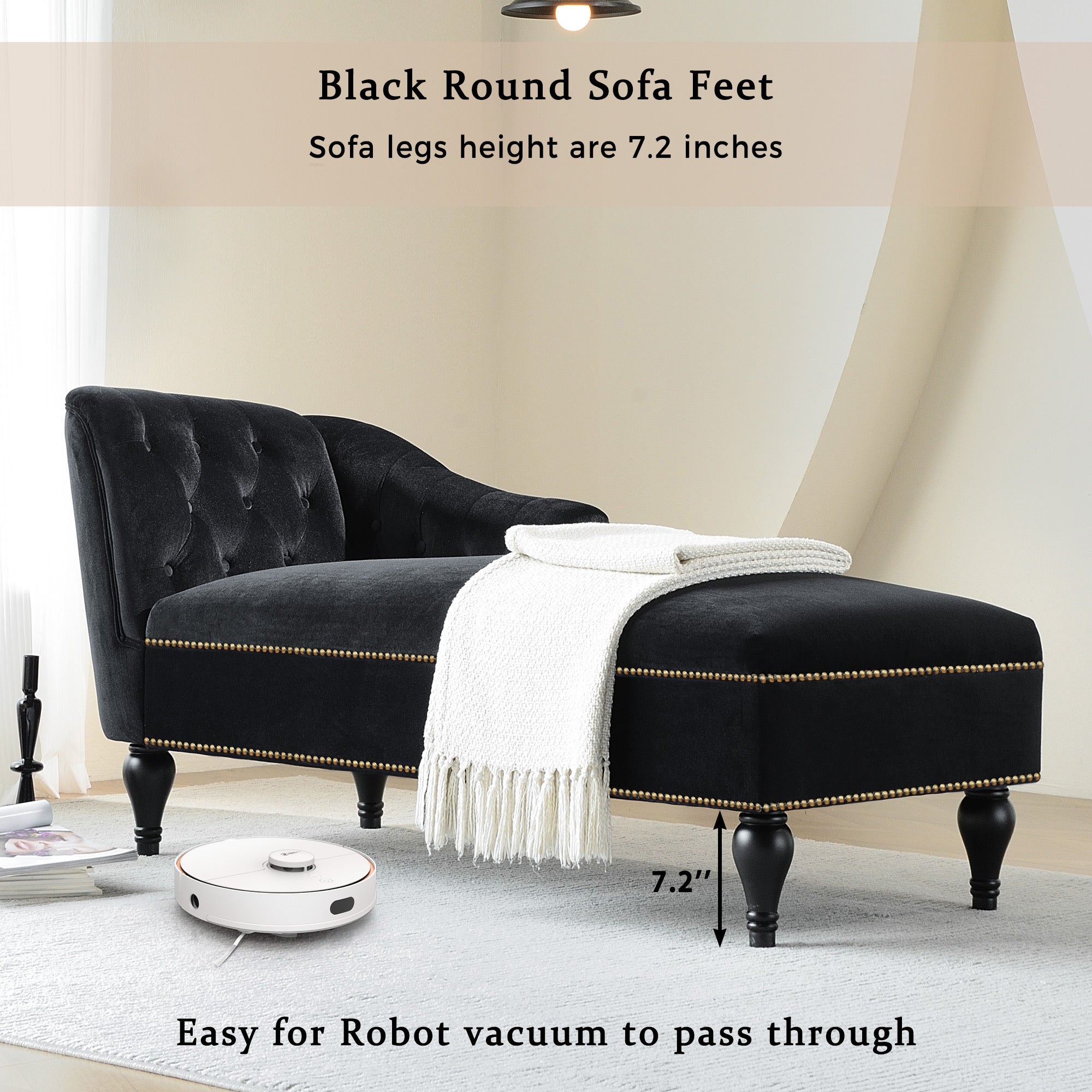 58" Velvet Chaise Lounge with Nailhead Trim and Solid Wood Legs
