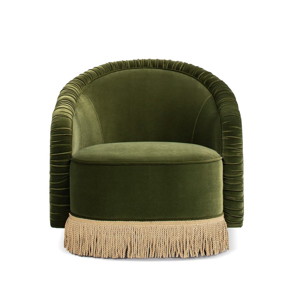 Serena 31.5" Ruched Barrel Back Accent Arm Chair with Bullion Fringe