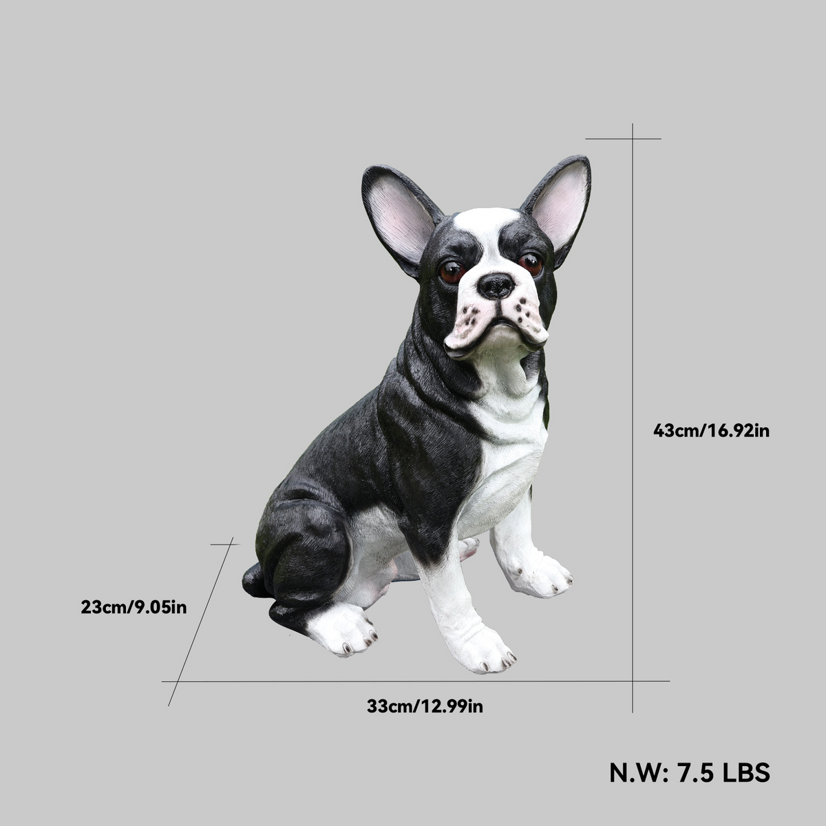 Lifelike French Bulldog Statue, Hand-Painted Resin, 17-Inch, Black and White