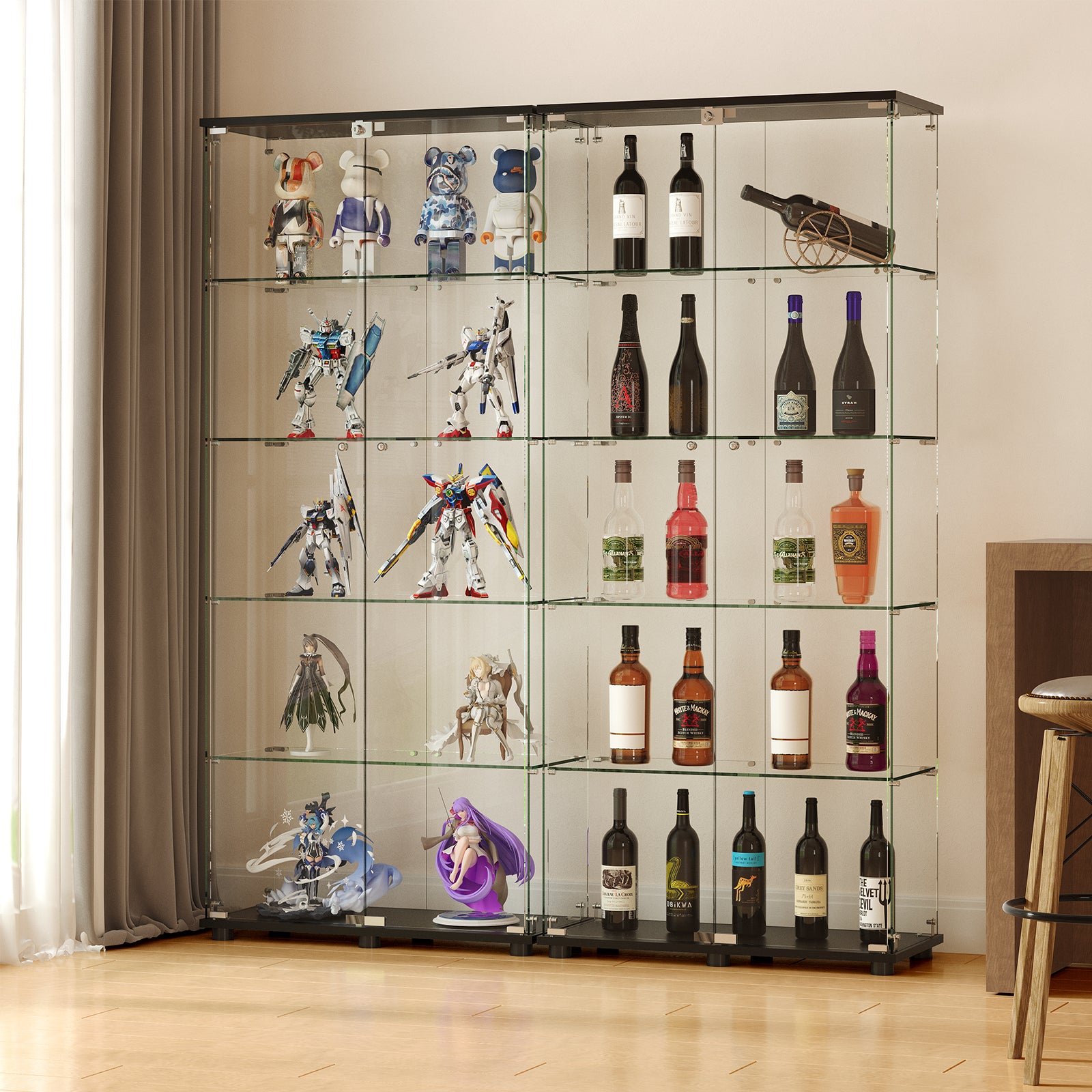 Glass Display Cabinet with 5-Shelf Double Doors and Lock