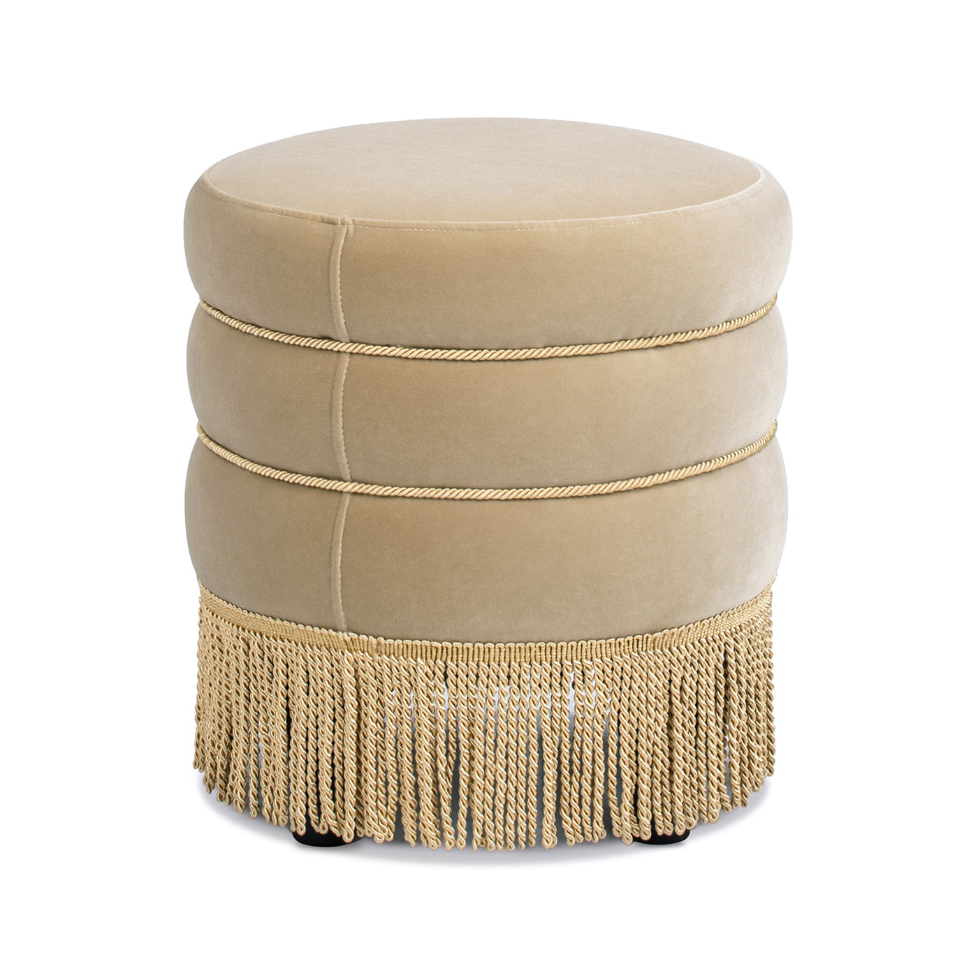 Edward 17.5" Round Upholstered Ottoman with Bullion Fringe Fawn