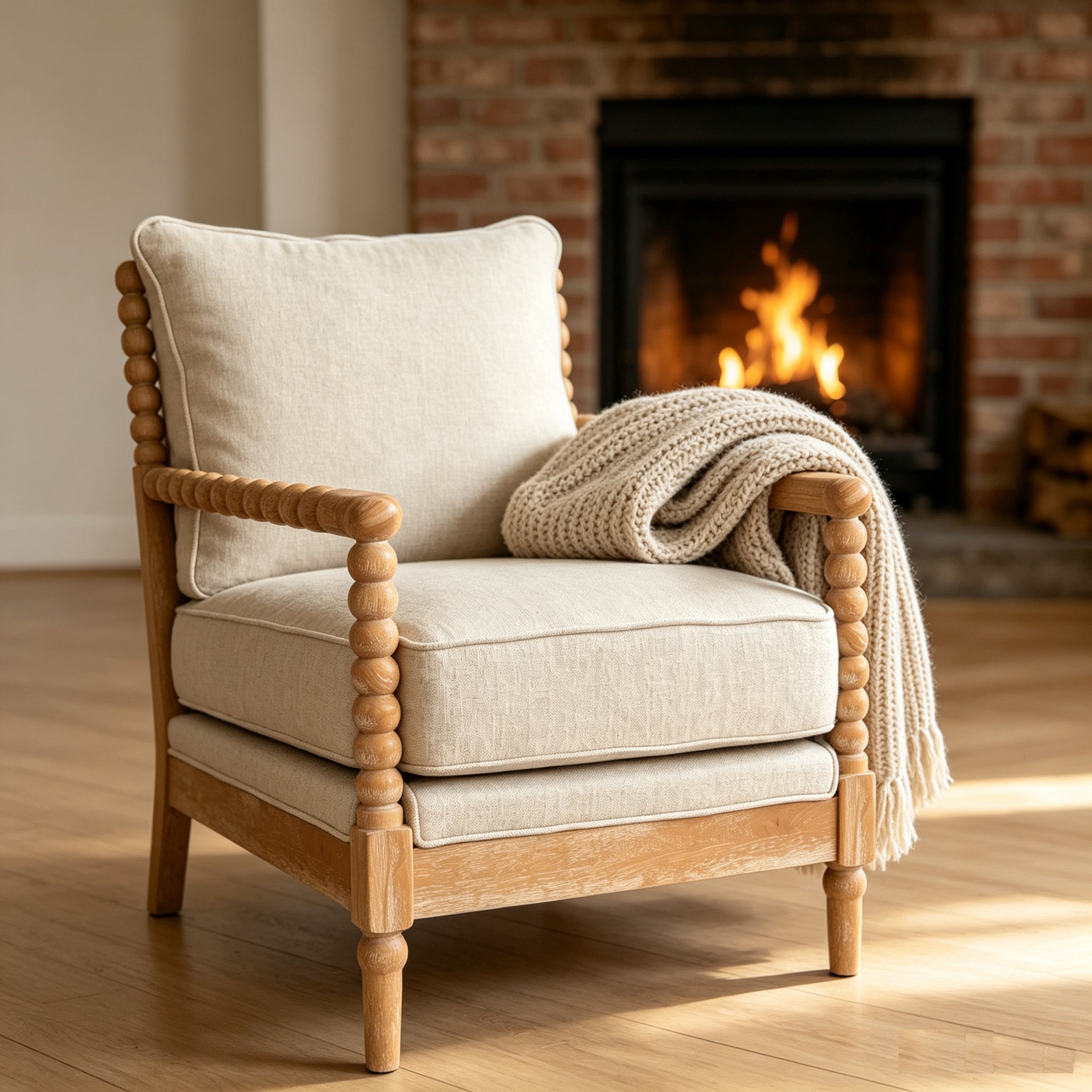 Rubber Wood Accent Chair, Upholstered Fabric Living Room Chair