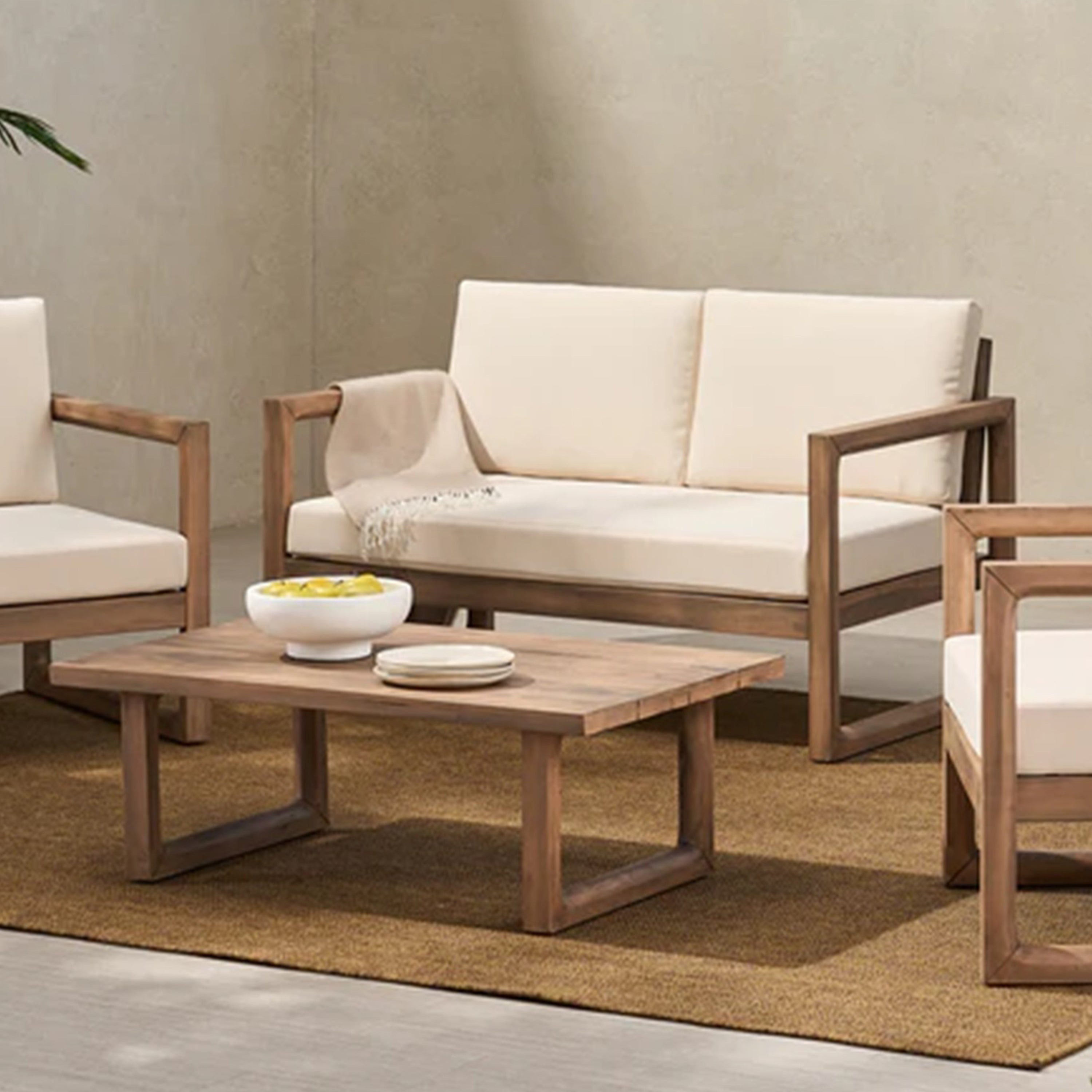 Outdoor Acacia Wood Loveseat and Coffee Table Set