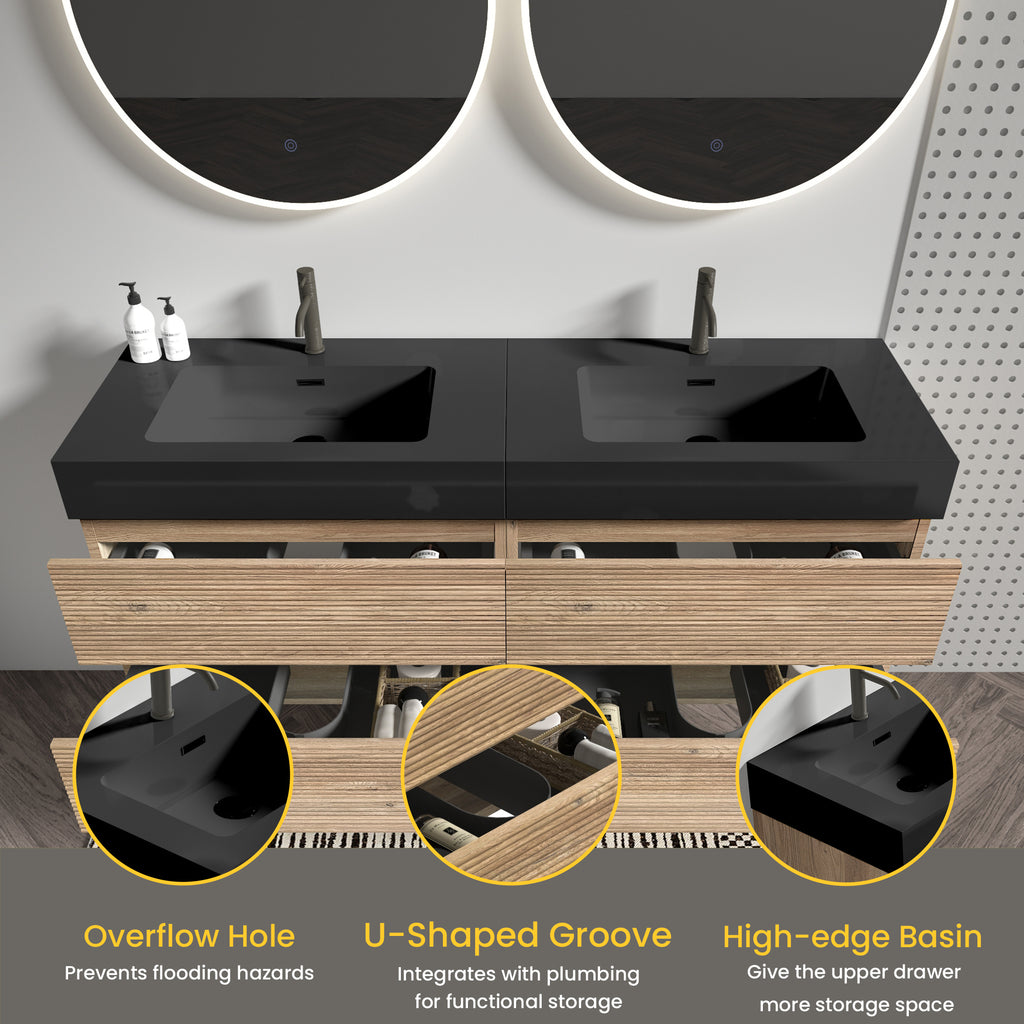 Grace 60-Inch Double Drawer Wall-Mount Bathroom Vanity, Black Oak with Solid Surface Sink