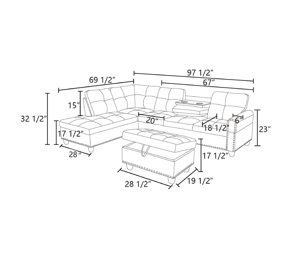 Reversible L-Shaped Sectional Couch with Storage Ottoman