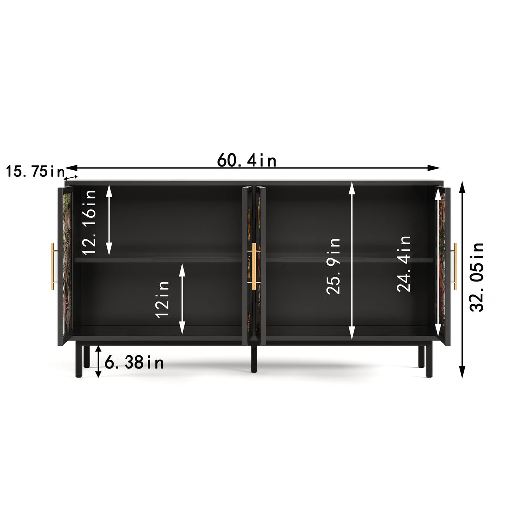 60.3" with 4 doors for Buffet Cabinets, Glazed painting art storage Cabinets, American retro control Console Table decorative Cabinets, Living room, Bedroom, Dining room