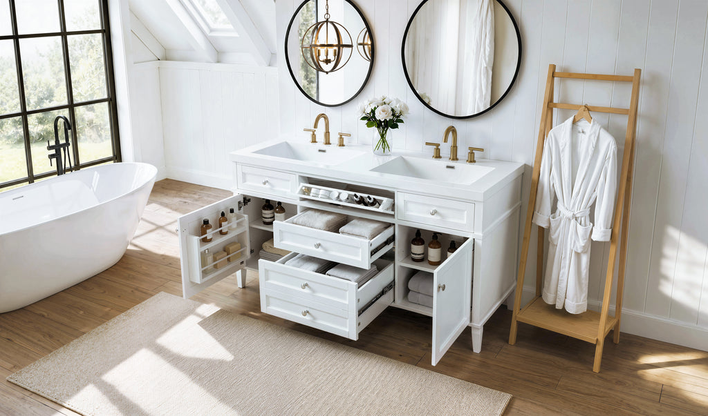 [Video] 59.1" Modern Bathroom Vanity with Resin Sink, Cabinet with 3 Drawers and 2 Doors, Adjustable Shelf, Door-Mounted Storage Rack, Soft-Close Mechanism, Freestanding