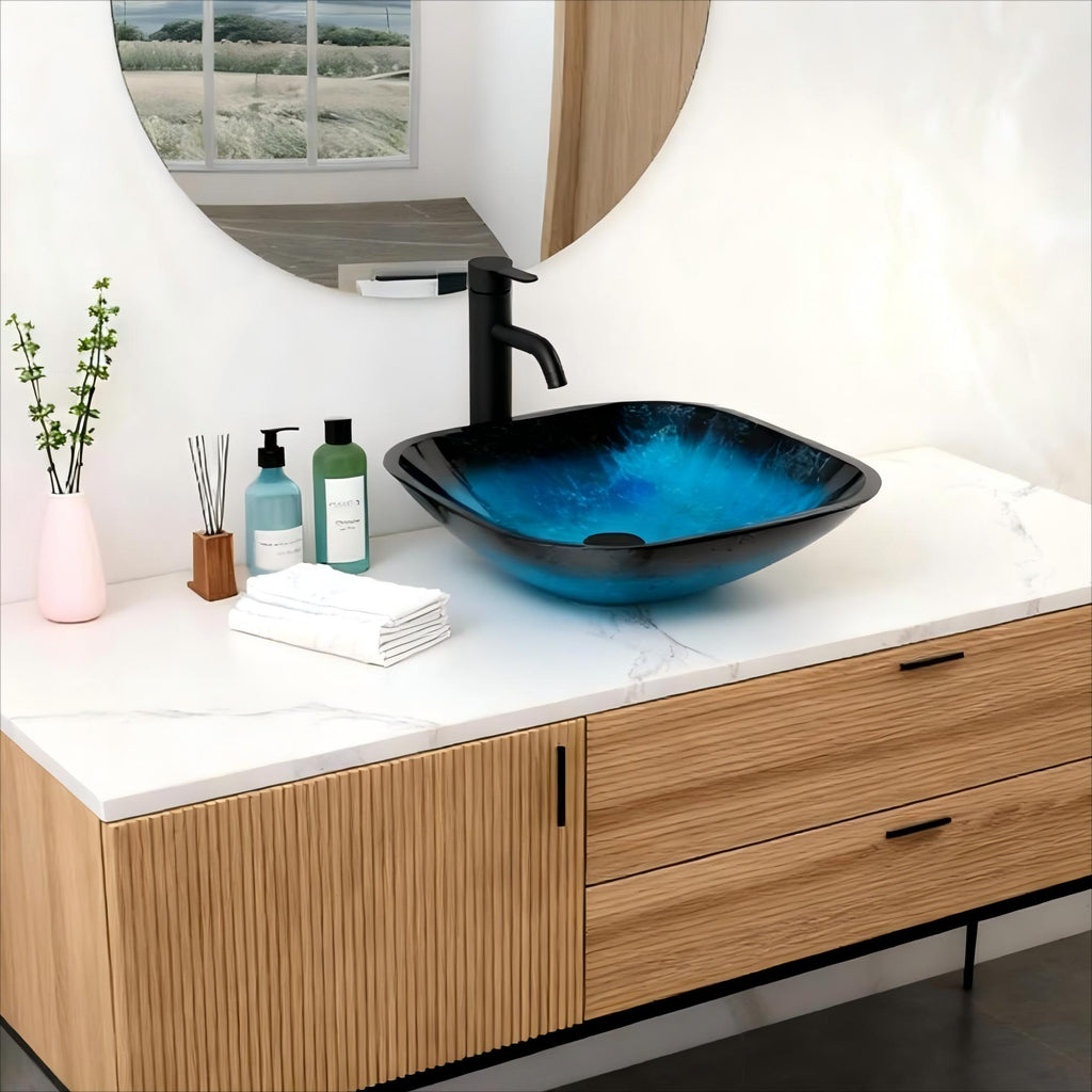 Bathroom Artistic Tempered Glass Vessel Sink with Faucet